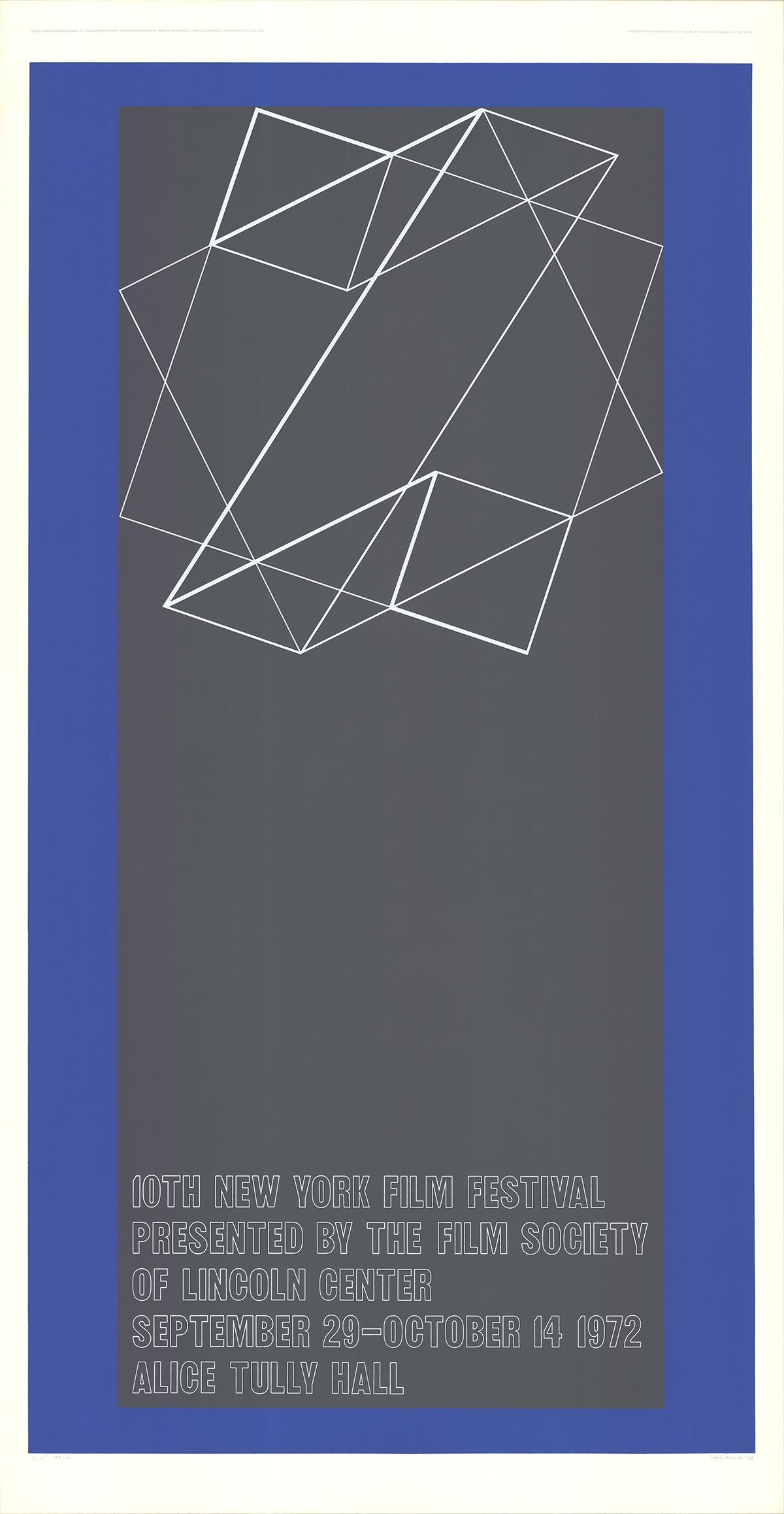 Sku: LC1082-B
Artist: Josef Albers
Title: The 10th New York Film Festival
Year: 1972
Signed: Yes
Medium: Serigraph
Paper Size: 50 x 26 inches ( 127 x 66.04 cm )
Image Size: 50 x 26 inches ( 127 x 66.04 cm )
Edition Size: 144
Framed: No
Condition: