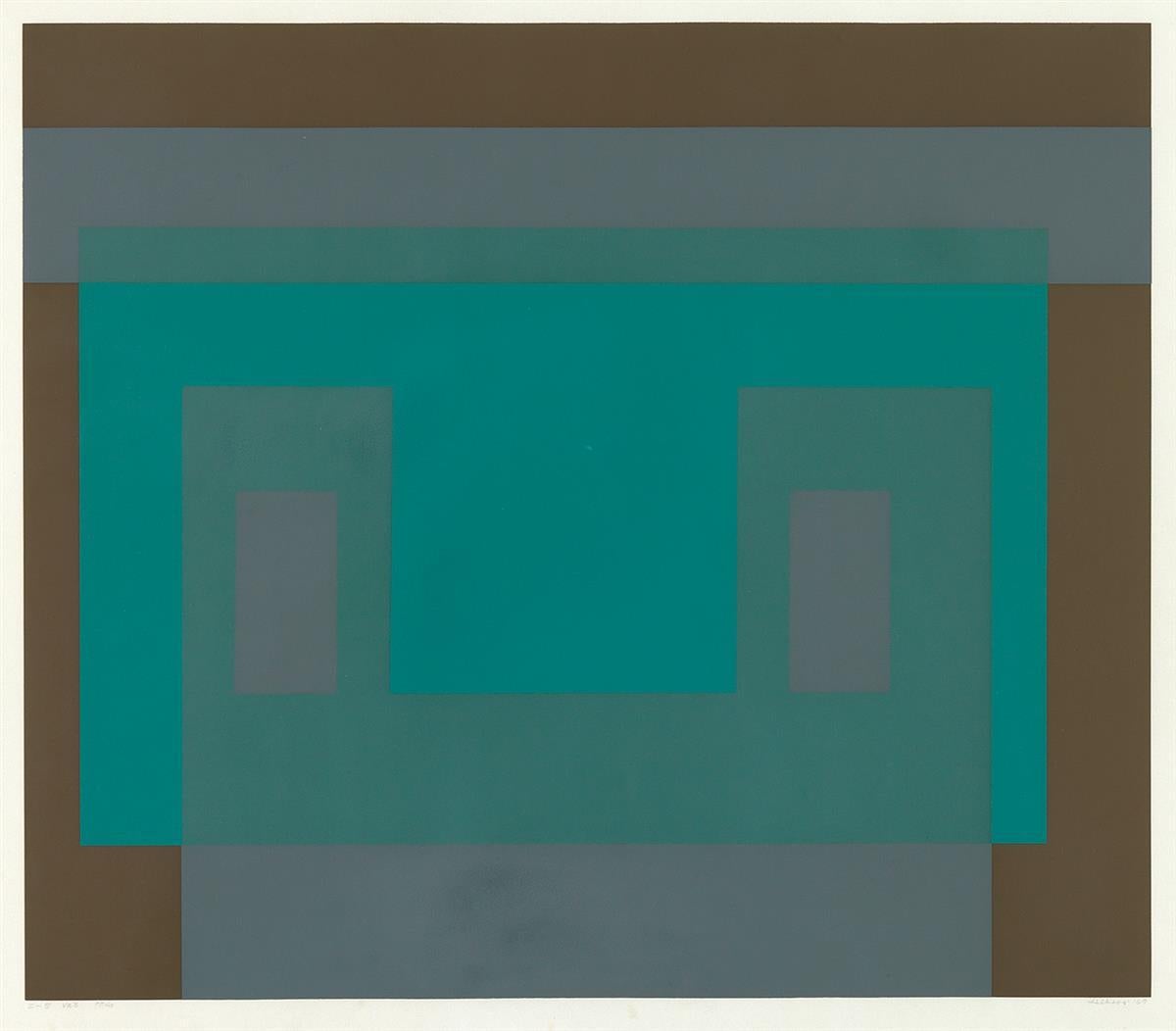 JOSEF ALBERS
 I-S Va 3 (From Six Variants)
 
Color screenprint on Arches paper, 1969
Image Size: 24” x 27 3⁄4” inches, wide margins
Initialed by artist, titled, dated and numbered 77/150 in pencil, lower margin
Printed by Sirocco Screenprints, New
