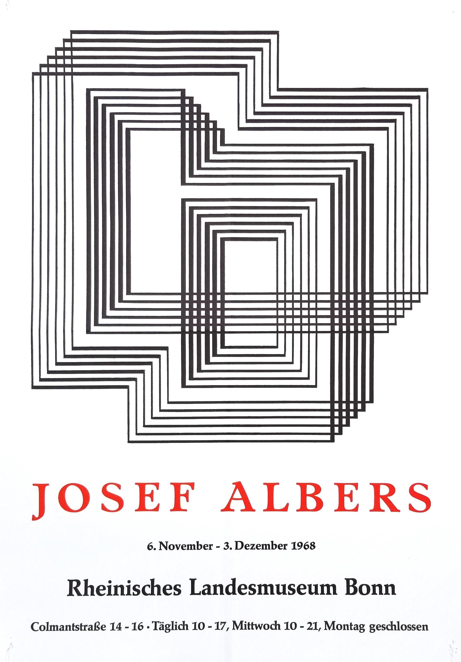 Artist: (after) Josef Albers (German-American, 1888-1976)
Title: "Rheinisches Landesmuseum Bonn (Shrine)"
Year: 1968
Medium: Original Relief Print (Letterpress), Exhibition Poster on light wove paper
Limited edition: Unknown
Printer: likely