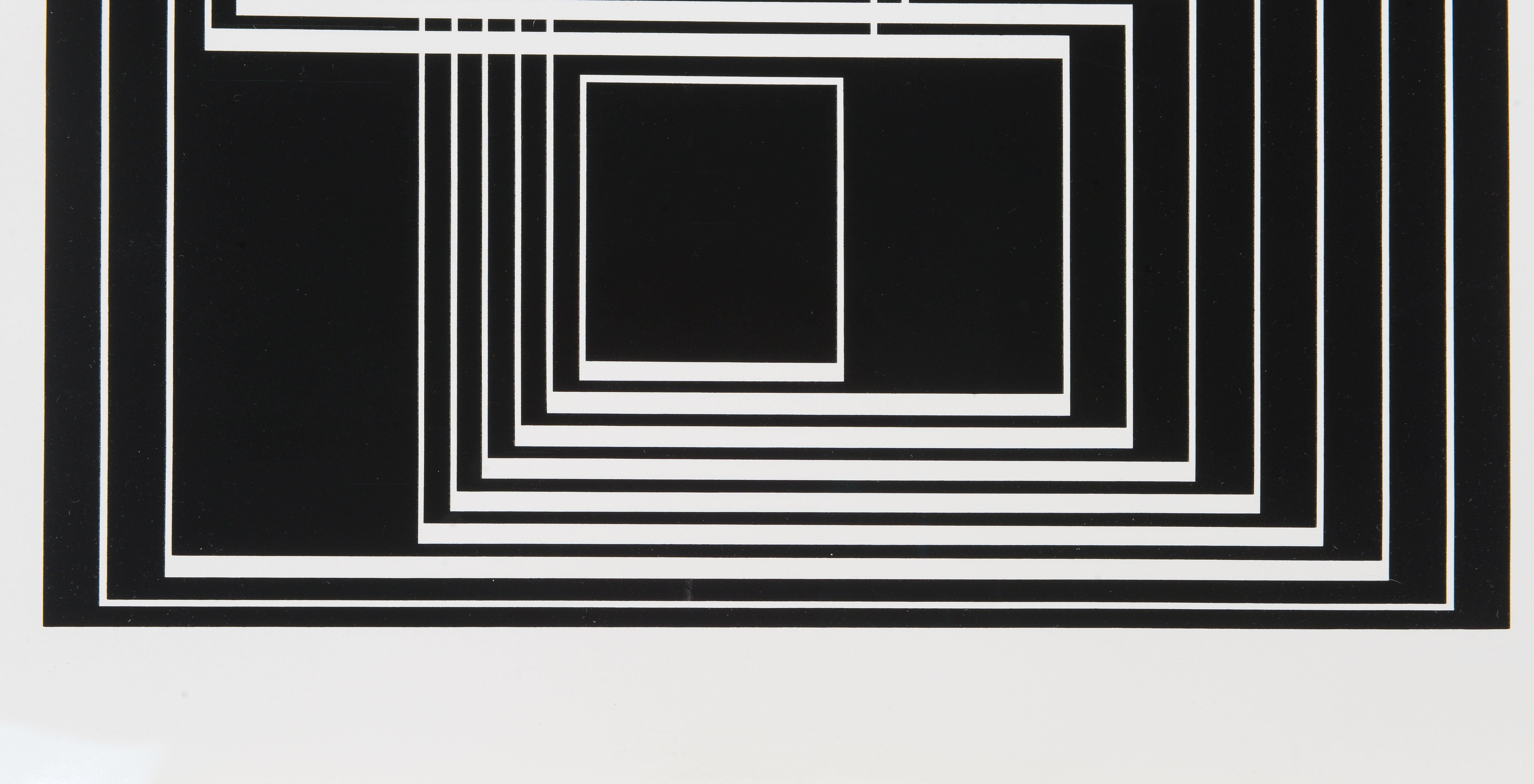 Josef Albers (German-American, b. 1888) 
Created for the limited edition 'Washburn College Bible' in 1979 as the frontispiece for Volume II. Framed in a clean-lined white lacquer frame, it showcases bold white geometric outlines against a black