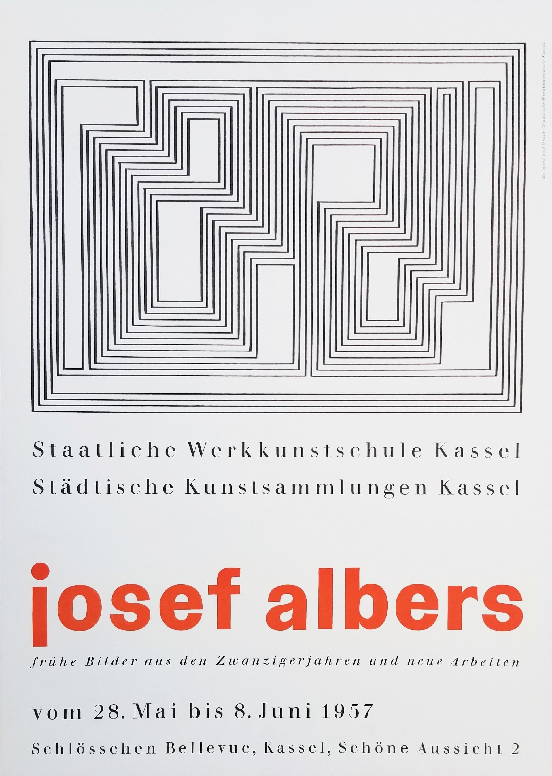 Artistics : (d'après) Josef Albers (germano-américain, 1888-1976)
Titre : "Staatliche Werkkunstschule Kassel (Prefatio)".
Année : 1957
Support : Impression originale en relief (typographie), affiche d'exposition sur papier vélin léger
Edition