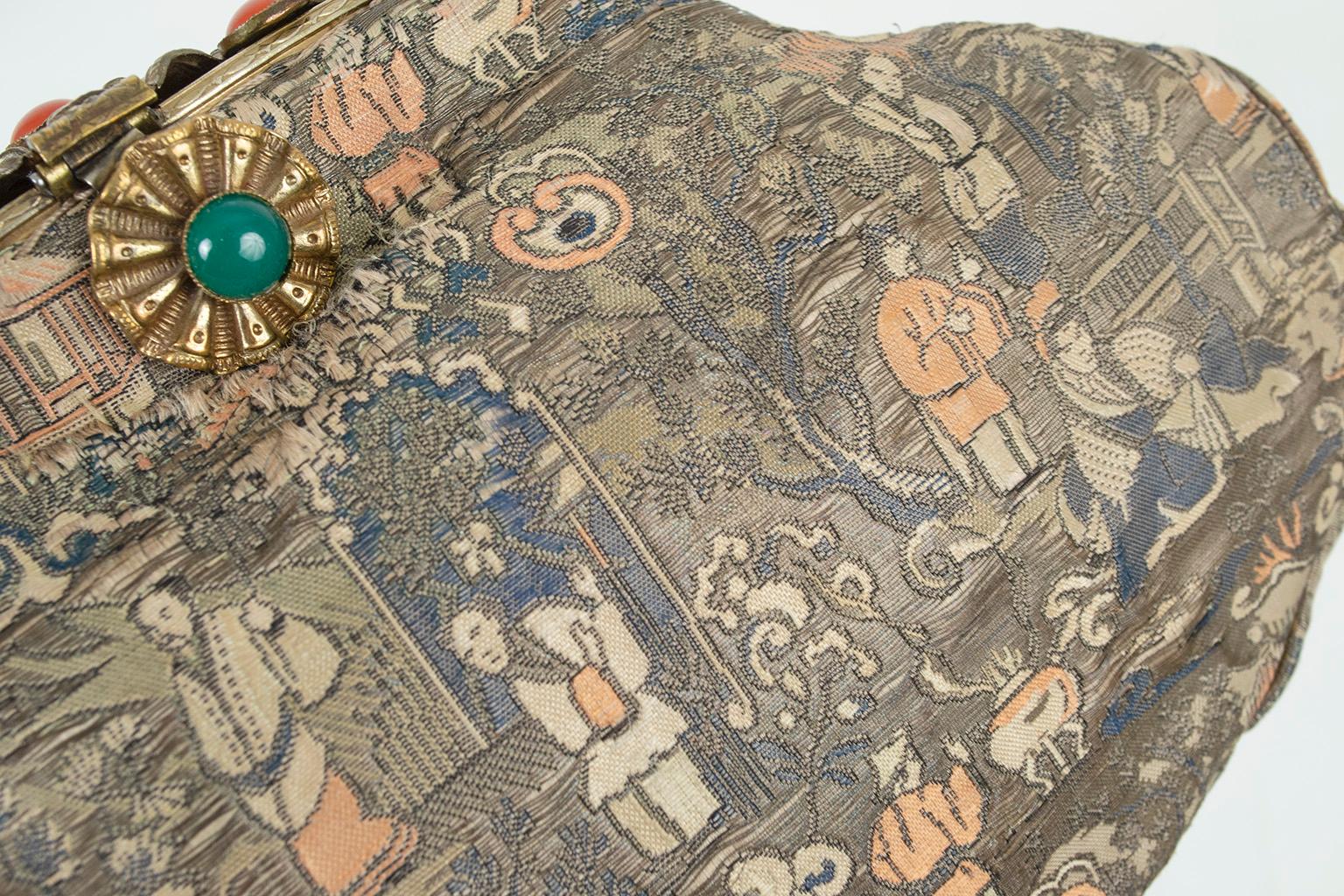Josef Attrib. Silk Brocade Chinoiserie Handbag w Cabochon Studded Flap, 1950s For Sale 5