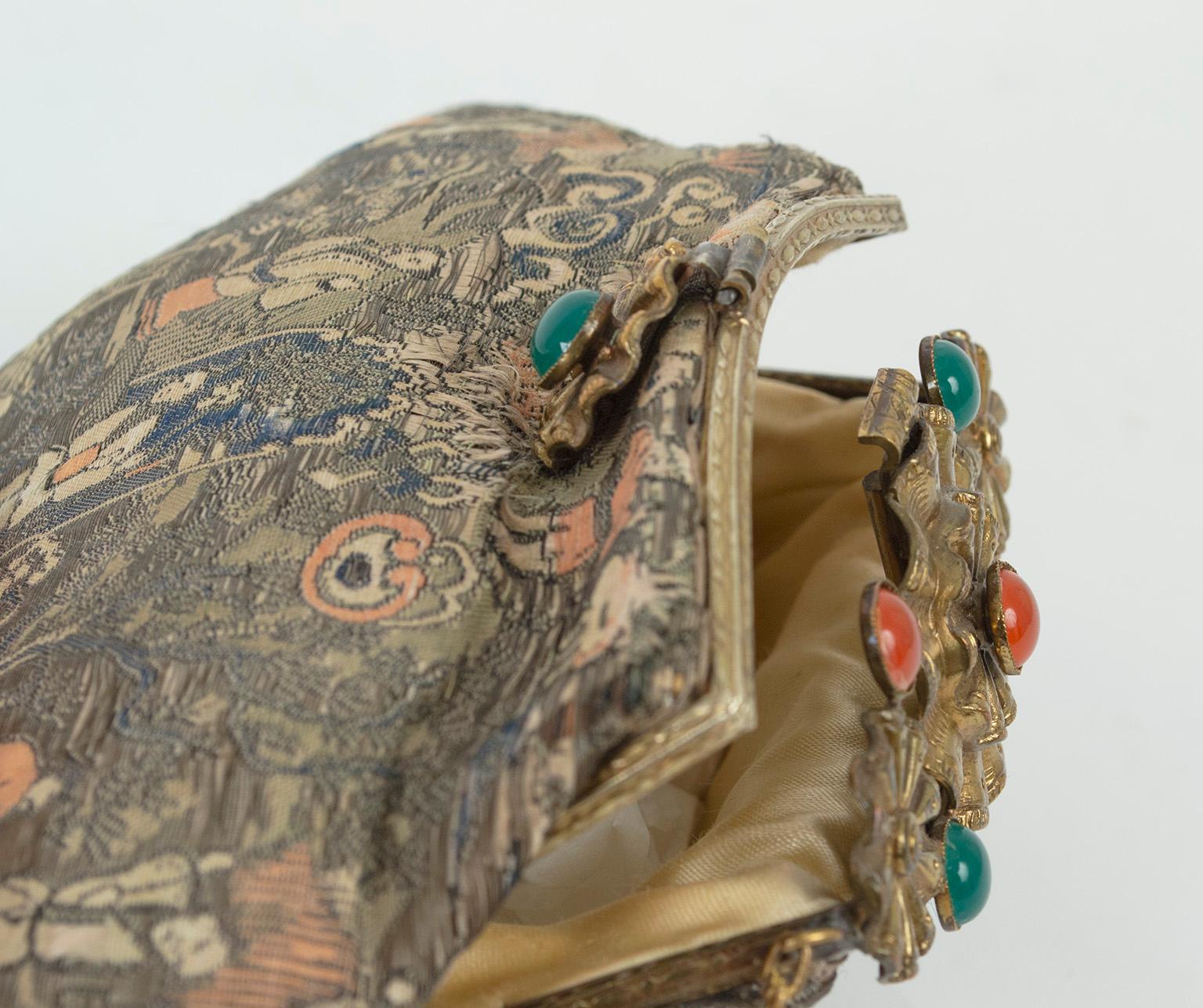 Josef Attrib. Silk Brocade Chinoiserie Handbag w Cabochon Studded Flap, 1950s For Sale 6