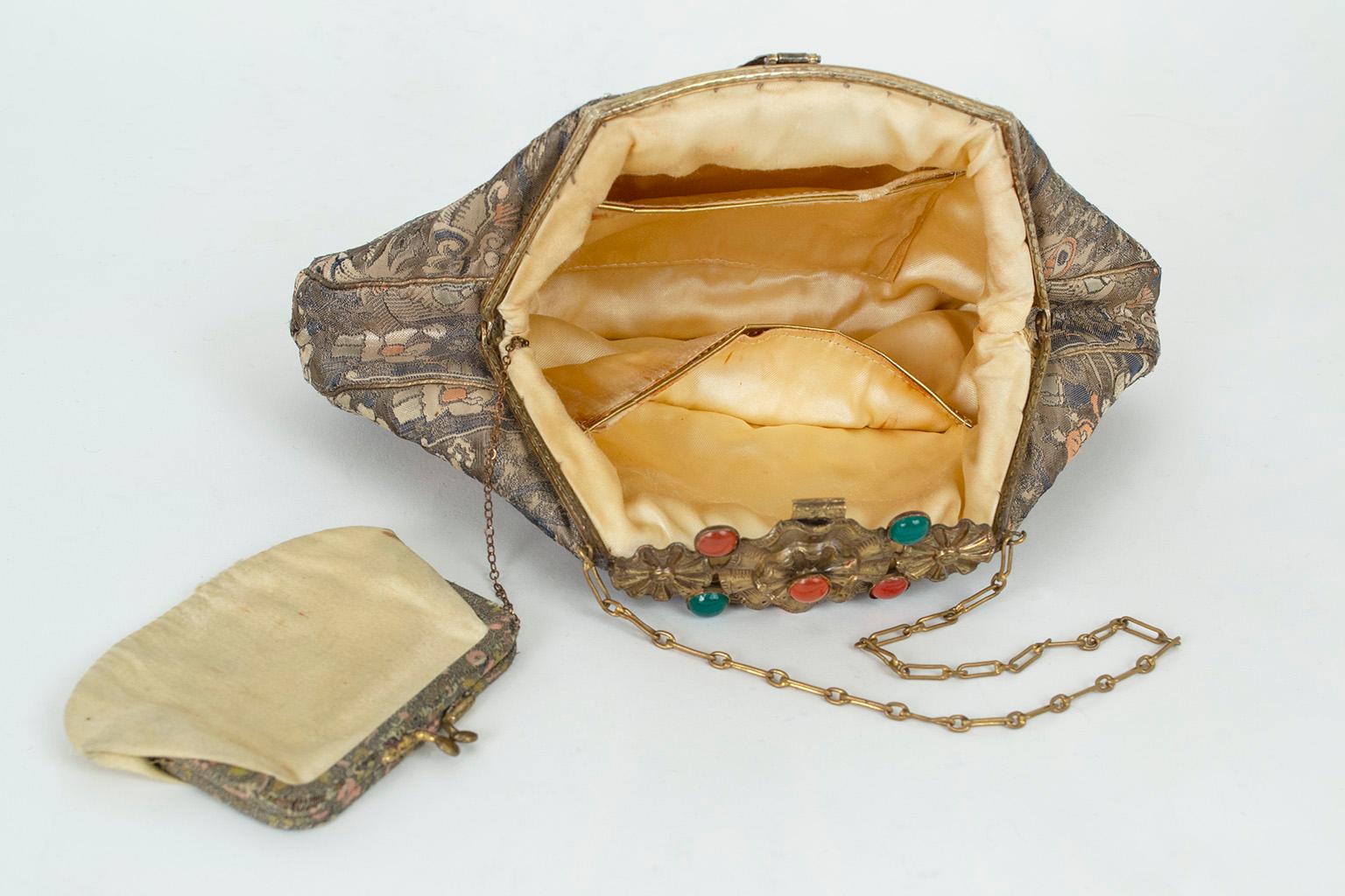 Josef Attrib. Silk Brocade Chinoiserie Handbag w Cabochon Studded Flap, 1950s For Sale 7