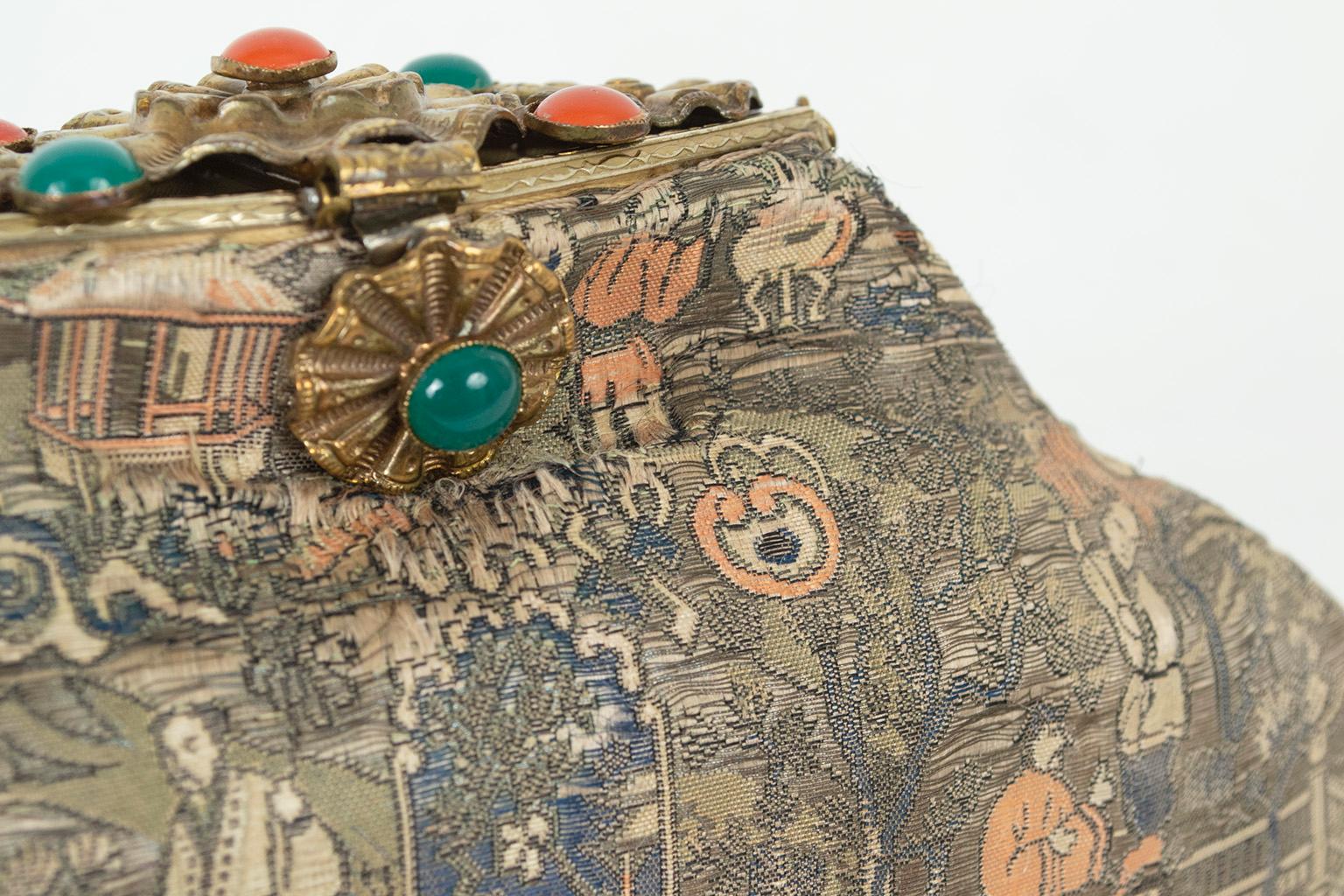 Josef Attrib. Silk Brocade Chinoiserie Handbag w Cabochon Studded Flap, 1950s For Sale 9