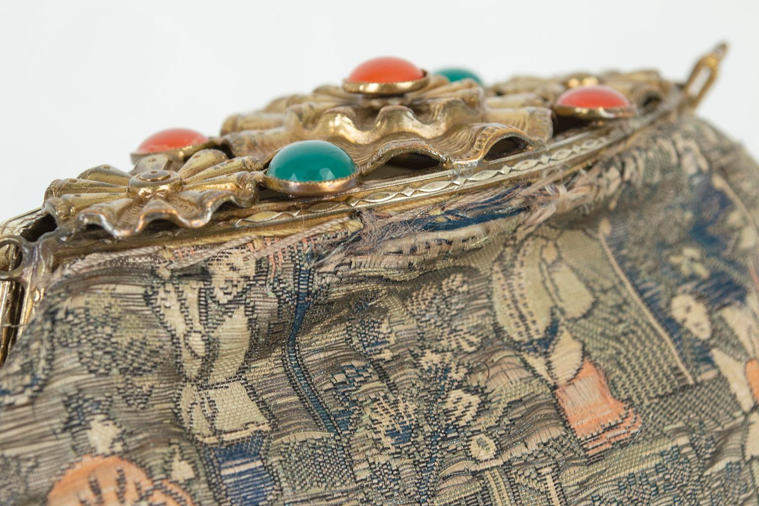 Josef Attrib. Silk Brocade Chinoiserie Handbag w Cabochon Studded Flap, 1950s For Sale 10