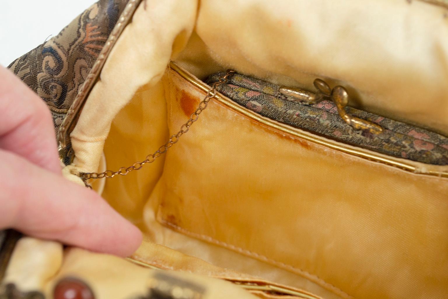 Josef Attrib. Silk Brocade Chinoiserie Handbag w Cabochon Studded Flap, 1950s For Sale 12