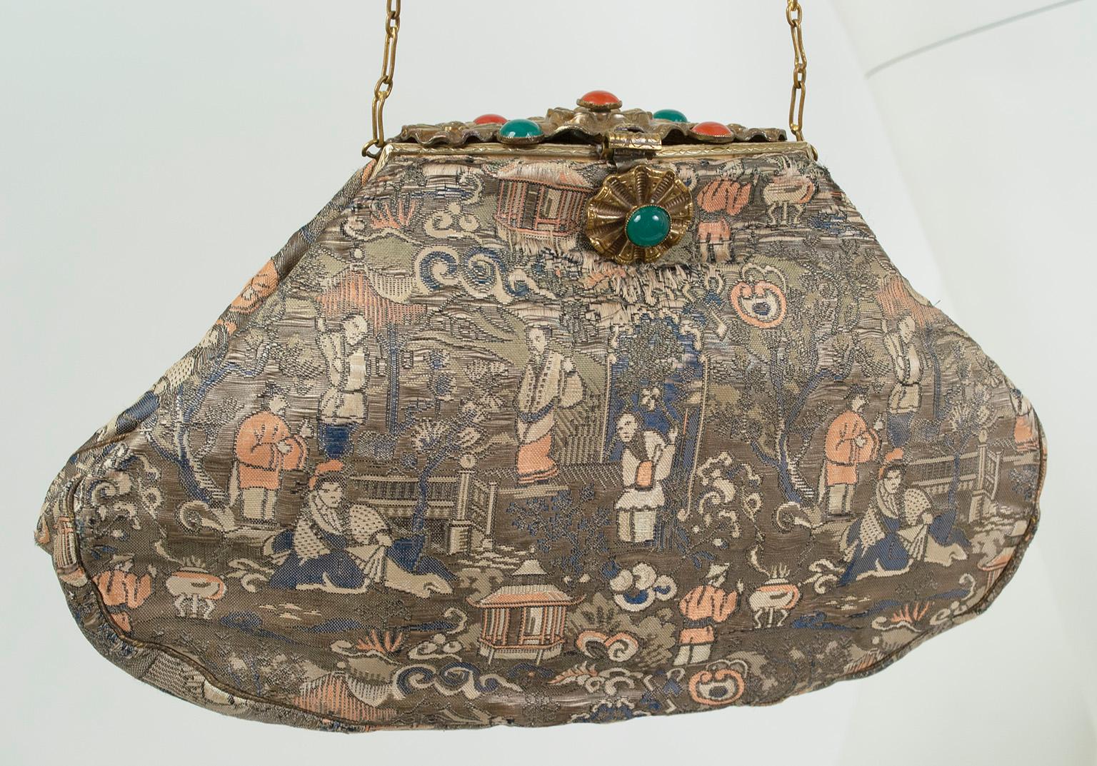 Brown Josef Attrib. Silk Brocade Chinoiserie Handbag w Cabochon Studded Flap, 1950s For Sale