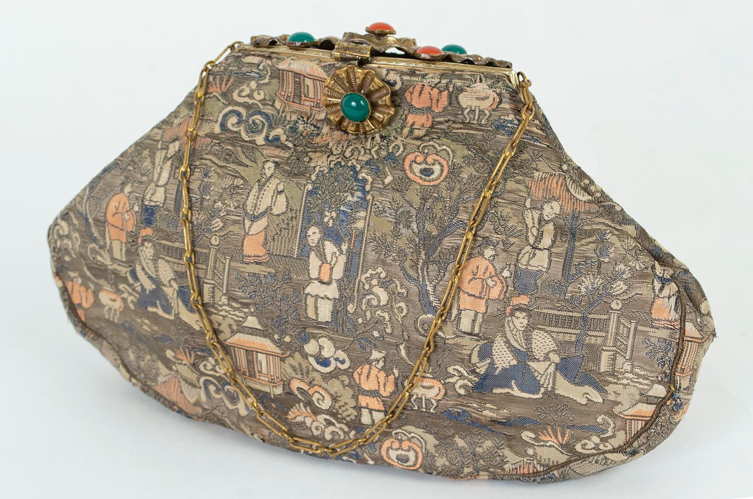 Josef Attrib. Silk Brocade Chinoiserie Handbag w Cabochon Studded Flap, 1950s In Good Condition For Sale In Tucson, AZ