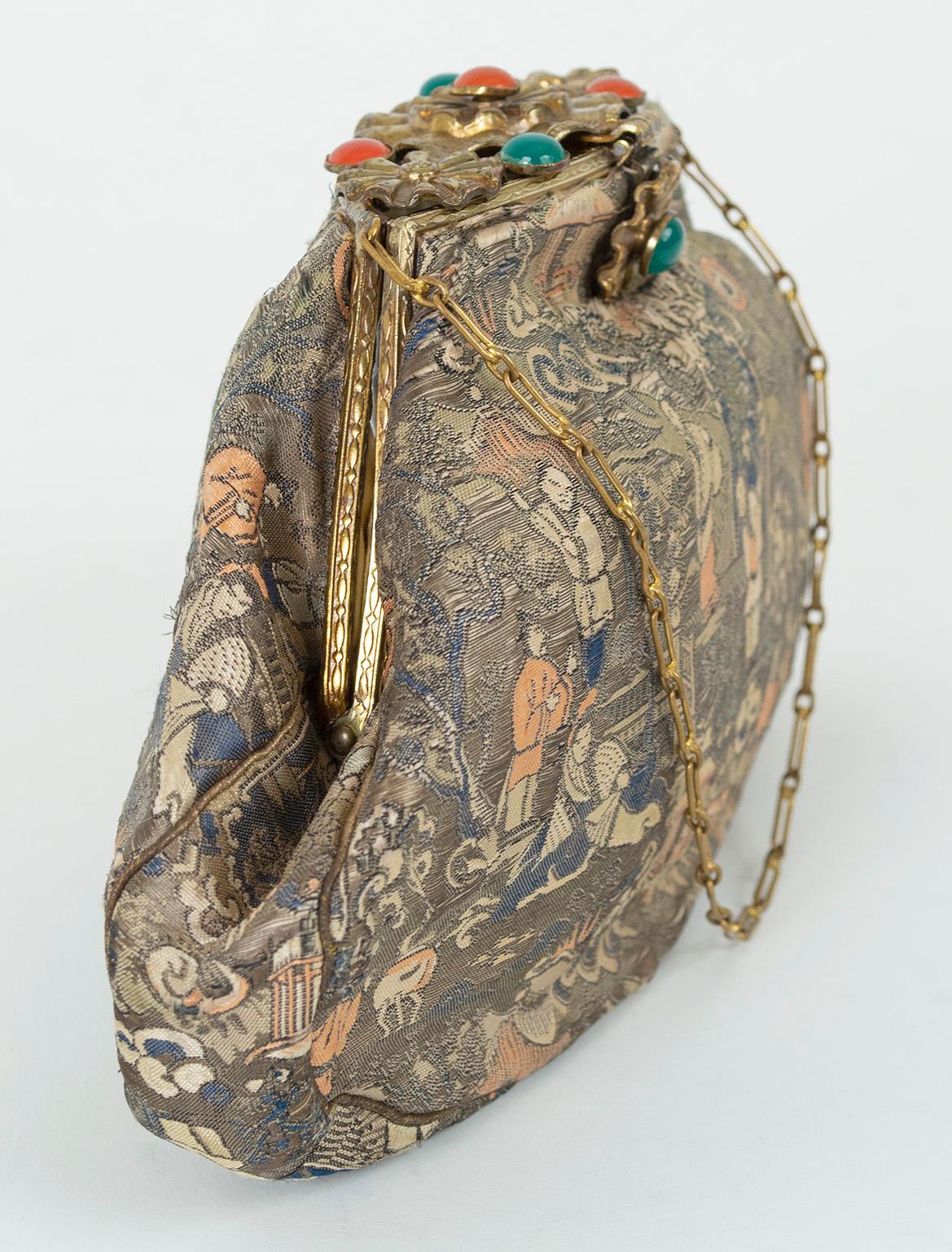 Women's Josef Attrib. Silk Brocade Chinoiserie Handbag w Cabochon Studded Flap, 1950s For Sale
