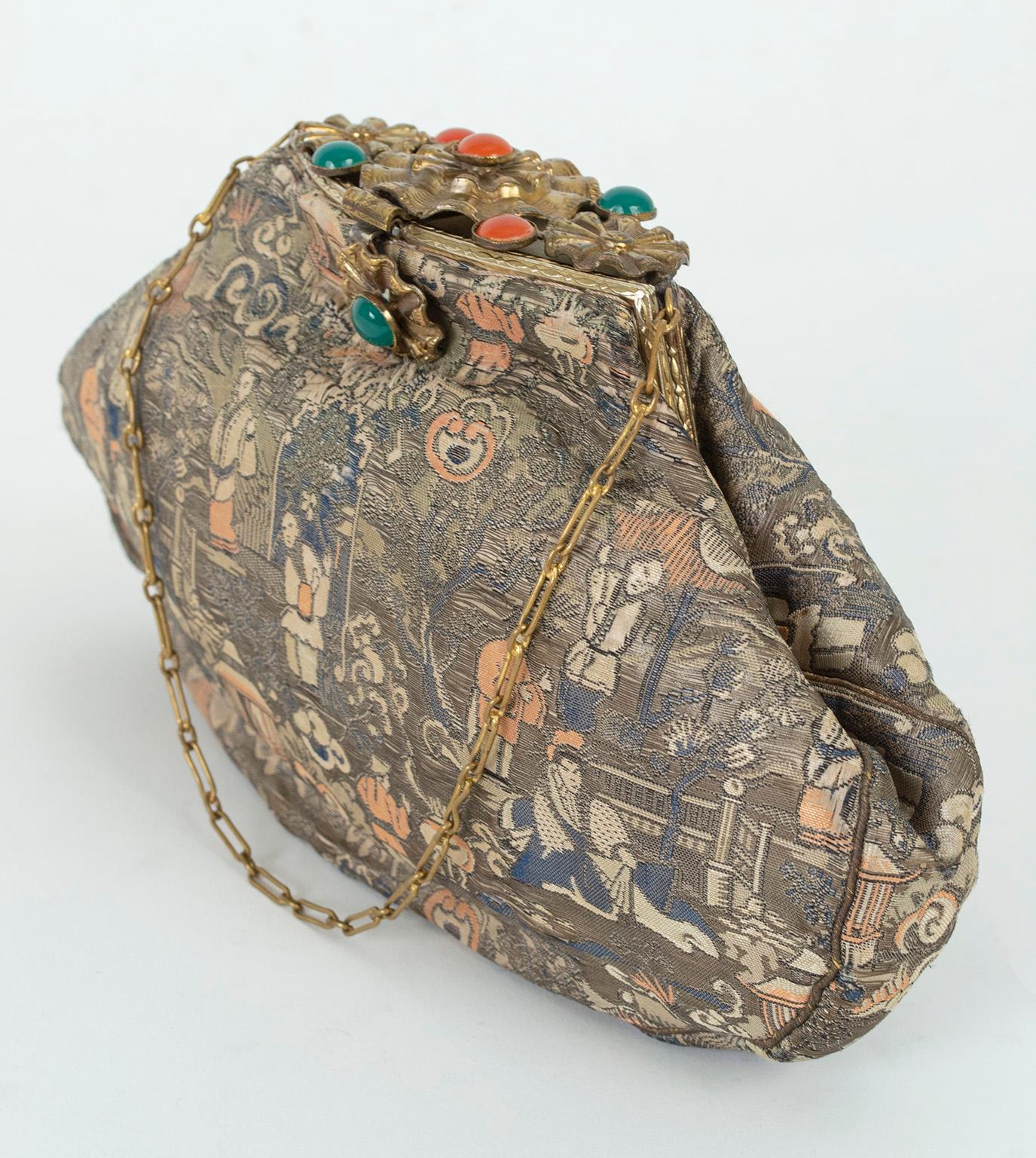 Josef Attrib. Silk Brocade Chinoiserie Handbag w Cabochon Studded Flap, 1950s For Sale 1