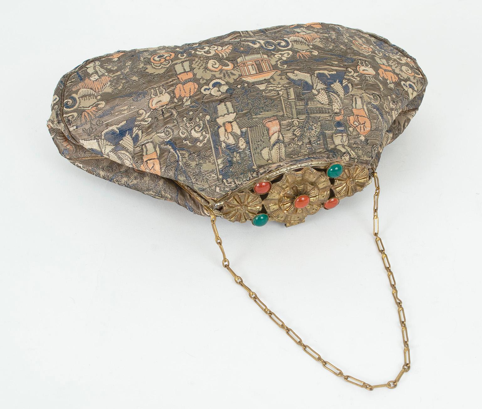 Josef Attrib. Silk Brocade Chinoiserie Handbag w Cabochon Studded Flap, 1950s For Sale 3