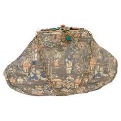 Josef Attrib. Silk Brocade Chinoiserie Handbag w Cabochon Studded Flap, 1950s