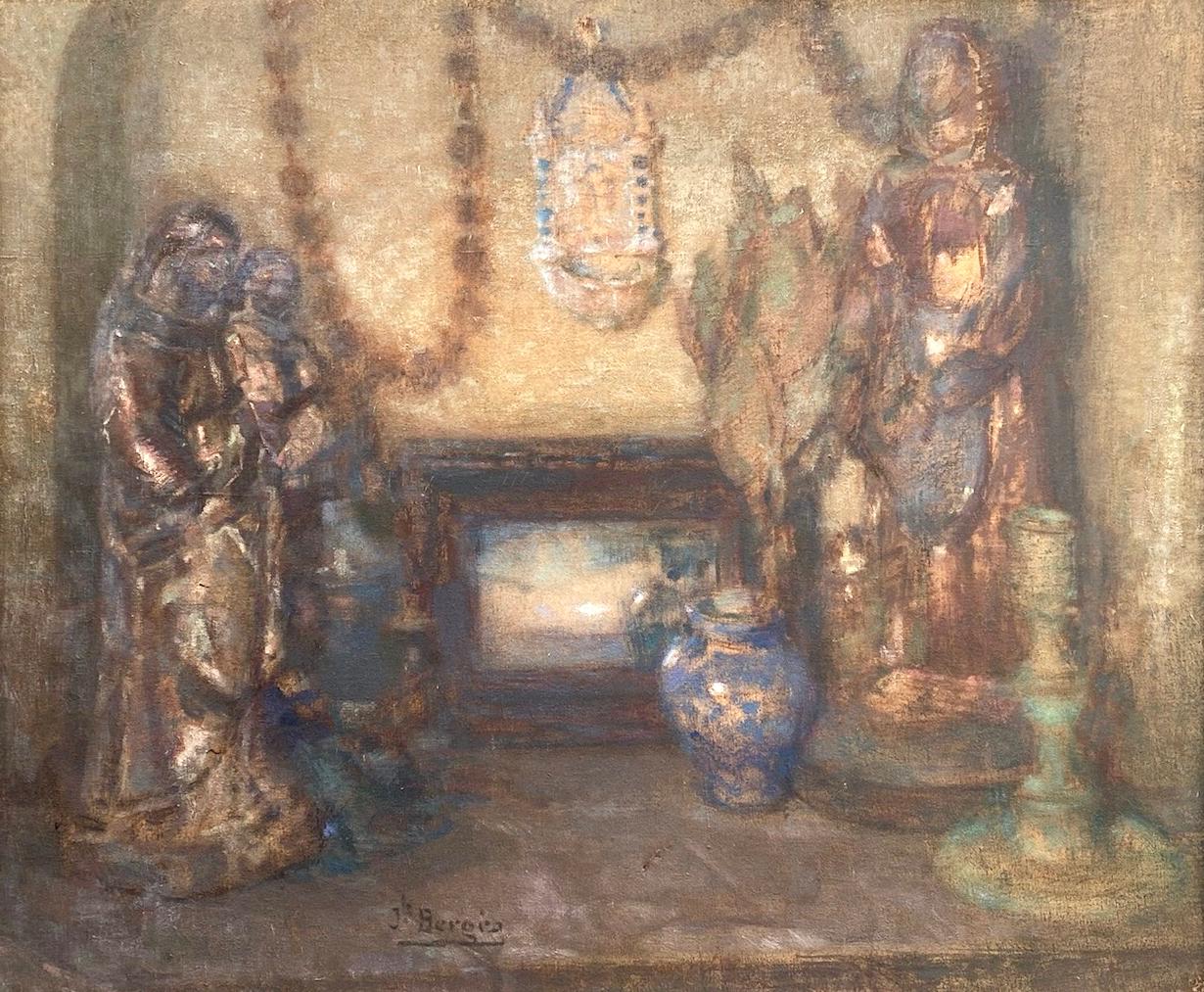 A rustic chapel, natural earth tones, devotional objects and saint figures  - Painting by Josef Berges