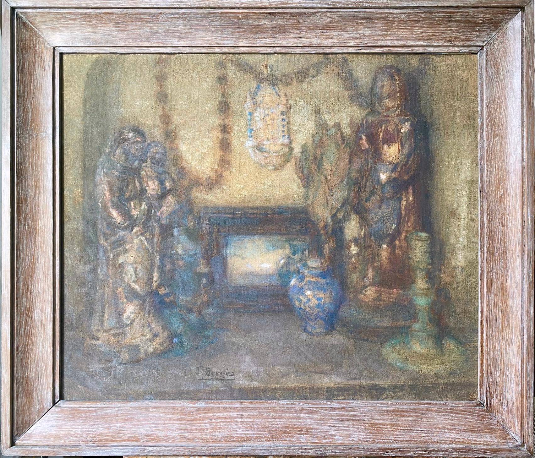 Here is your chance to have your own private chapel with devotional objets and saint figures - in the form of this lovely painting by Joseph Bergès (1878-1956).
Berges was born in the South East of France in the Pyrenees, not far from the Spanish
