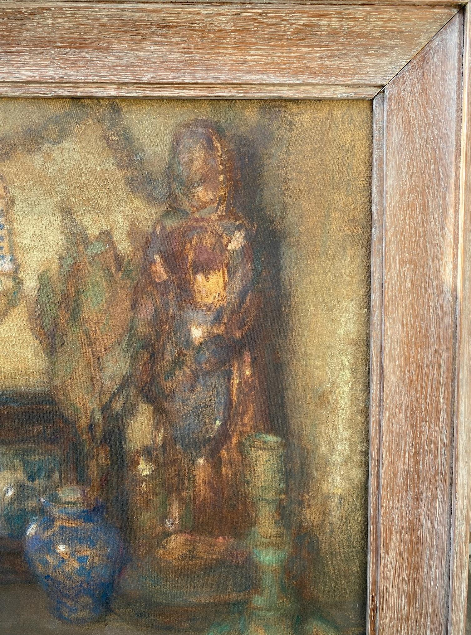 Voici l'occasion d'avoir votre propre chapelle privée avec des objets de dévotion et des figures de saints - sous la forme de ce charmant tableau de Joseph Bergès (1878-1956).
Berges est né dans le sud-est de la France, dans les Pyrénées, non loin