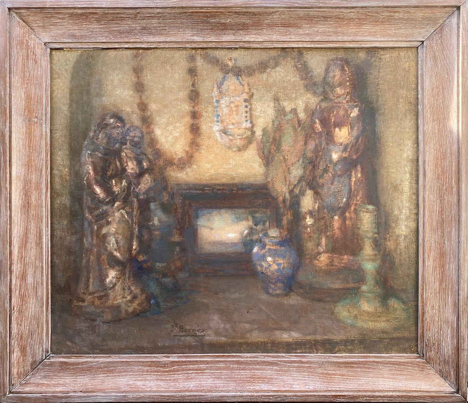 Josef Berges Still-Life Painting - A rustic chapel, natural earth tones, devotional objects and saint figures 