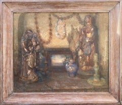 A rustic chapel, natural earth tones, devotional objects and saint figures 