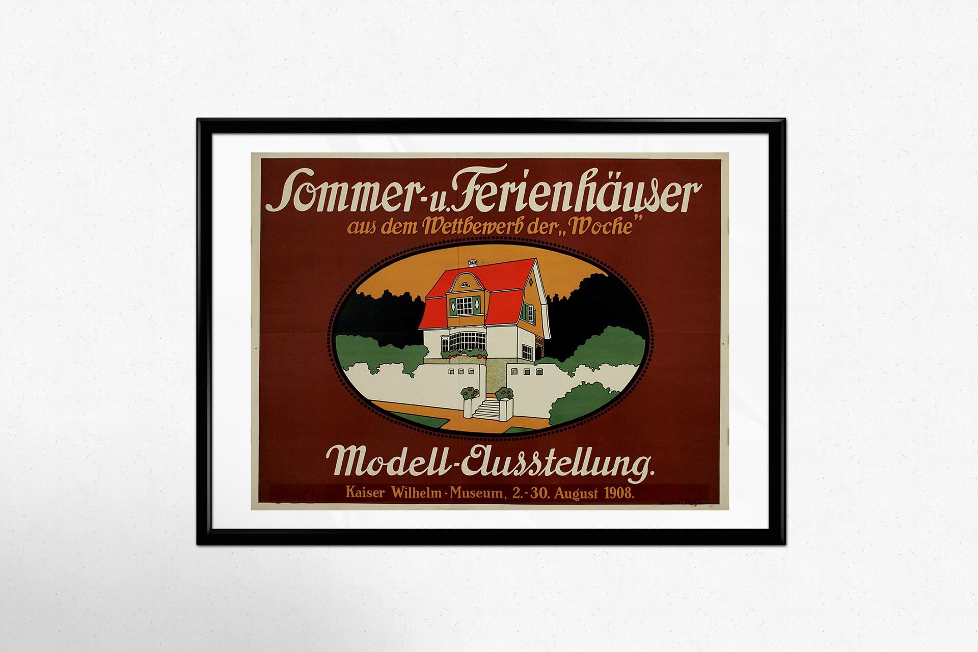 Mit kühner Schlichtheit und architektonischer Klarheit wirbt dieses seltene deutsche Plakat aus dem Jahr 1908 für eine Musterhausausstellung mit Sommer- und Ferienhäusern, die im Rahmen eines von der Wochenzeitschrift Die Woche ausgeschriebenen