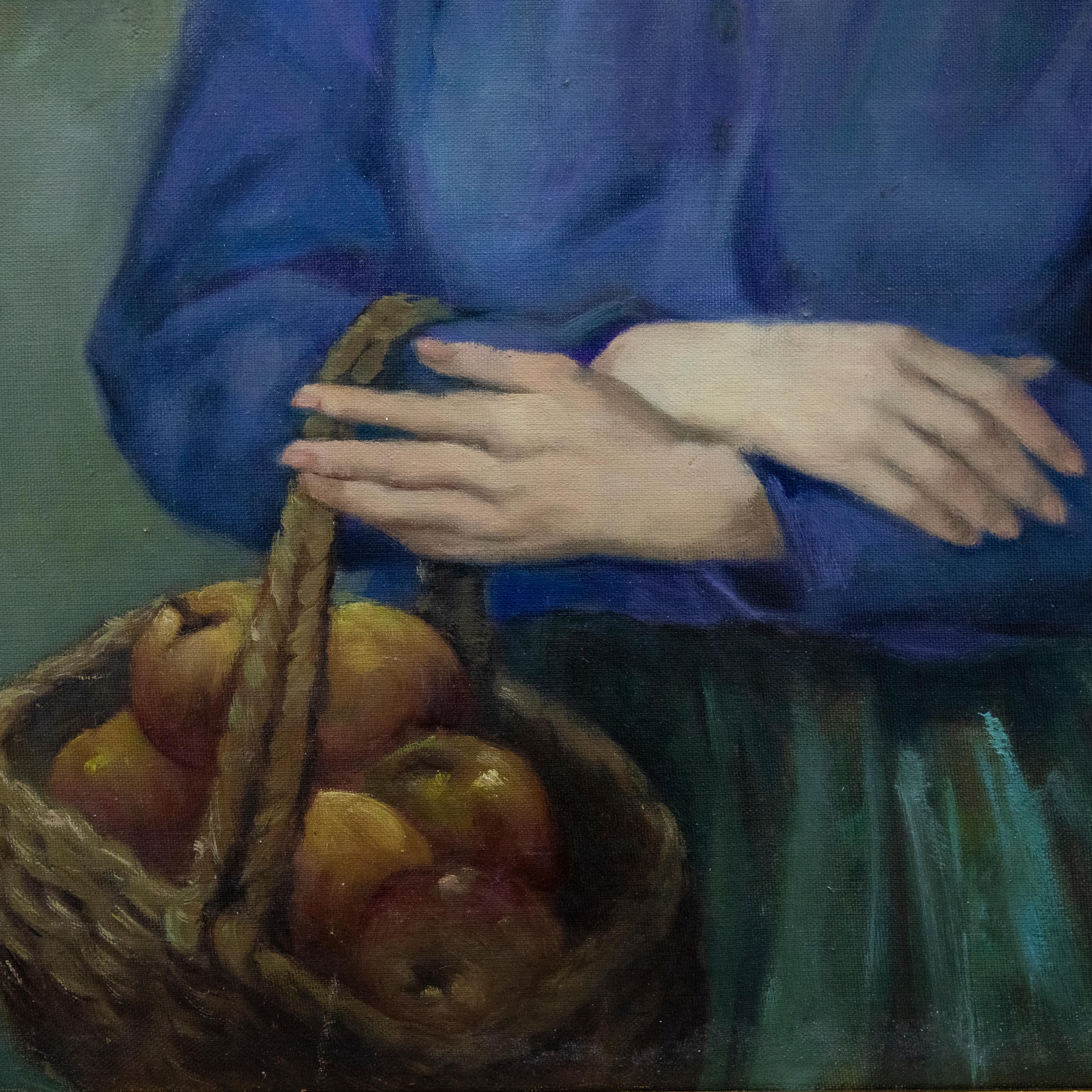 Josef Bodis - Framed 20th Century Oil, Rural Women Holding a Basket For Sale 3