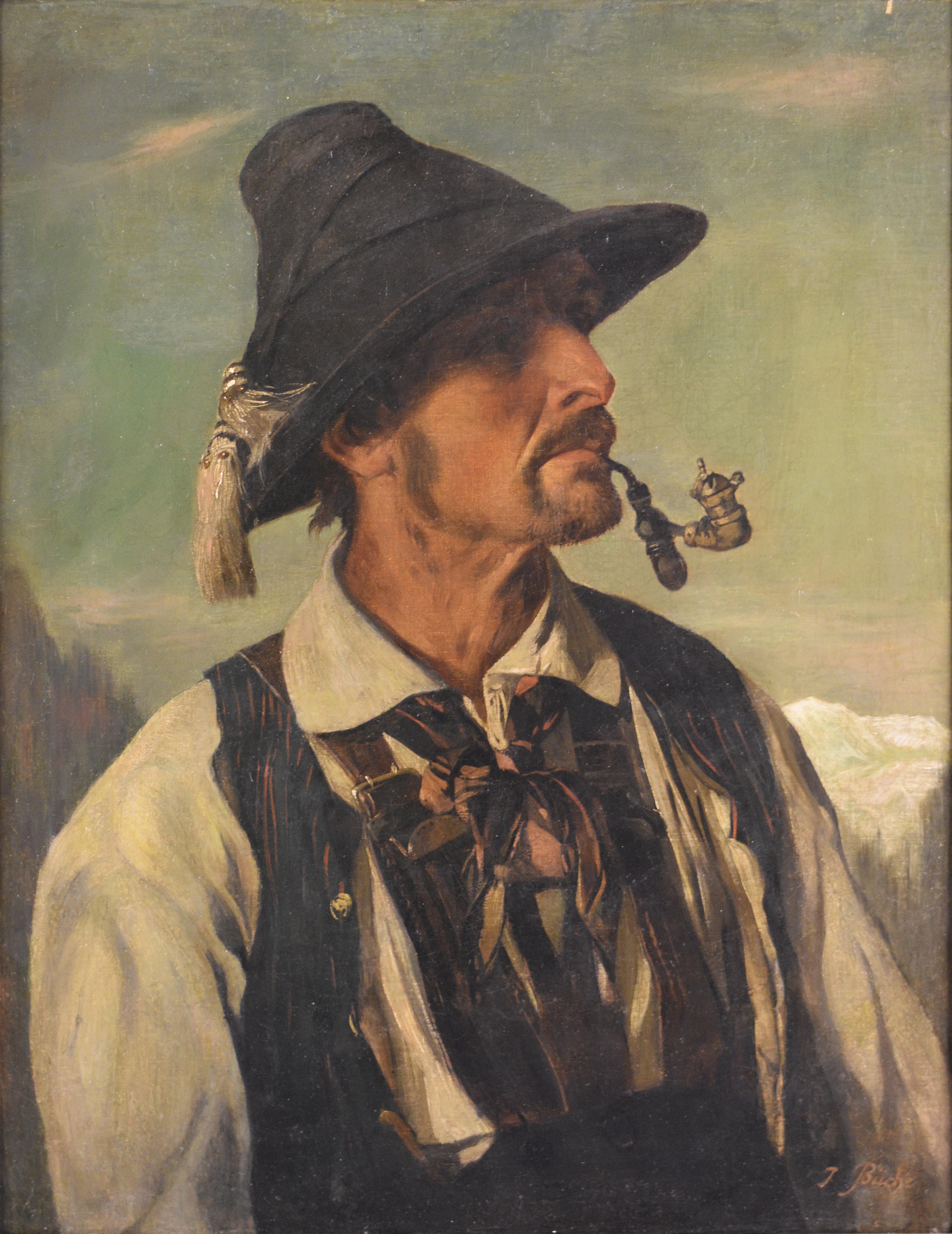 Austrian portrait of a Tyrolean with a hunter's pipe, Innsbruck ca. 1890 - Painting by Josef Büche