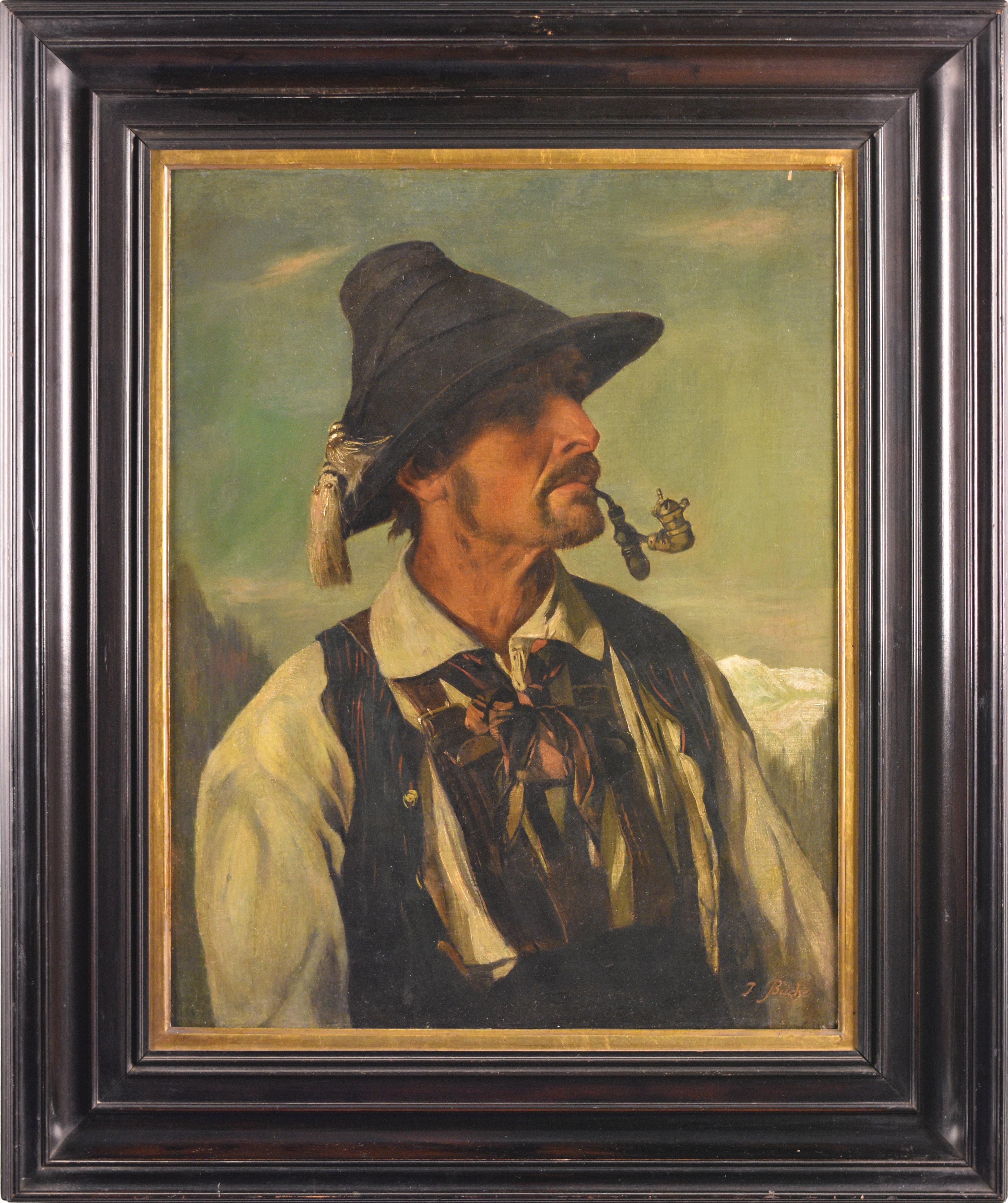Josef Büche Figurative Painting - Austrian portrait of a Tyrolean with a hunter's pipe, Innsbruck ca. 1890