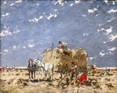"Il carro da fieno" Pittura a olio su tela impressionista di campagna con cornice