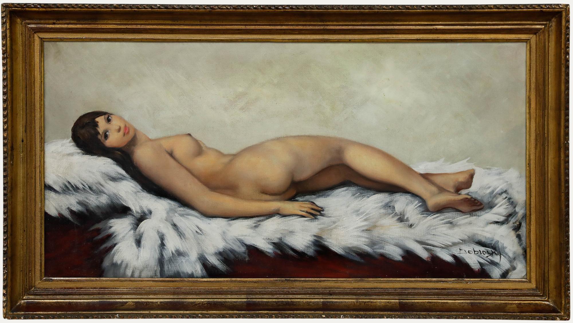 Un suggestivo dipinto a olio di Josef Dobrowsky (1889-1964) che raffigura una figura femminile sdraiata che riposa con grazia su un lussuoso giaciglio di pelliccia bianca. Presentato in una cornice decorativa con effetto dorato e sottoveste con