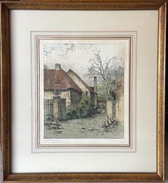 "Casa" Acquaforte a colori su carta di una casa di epoca medievale circondata da alberi