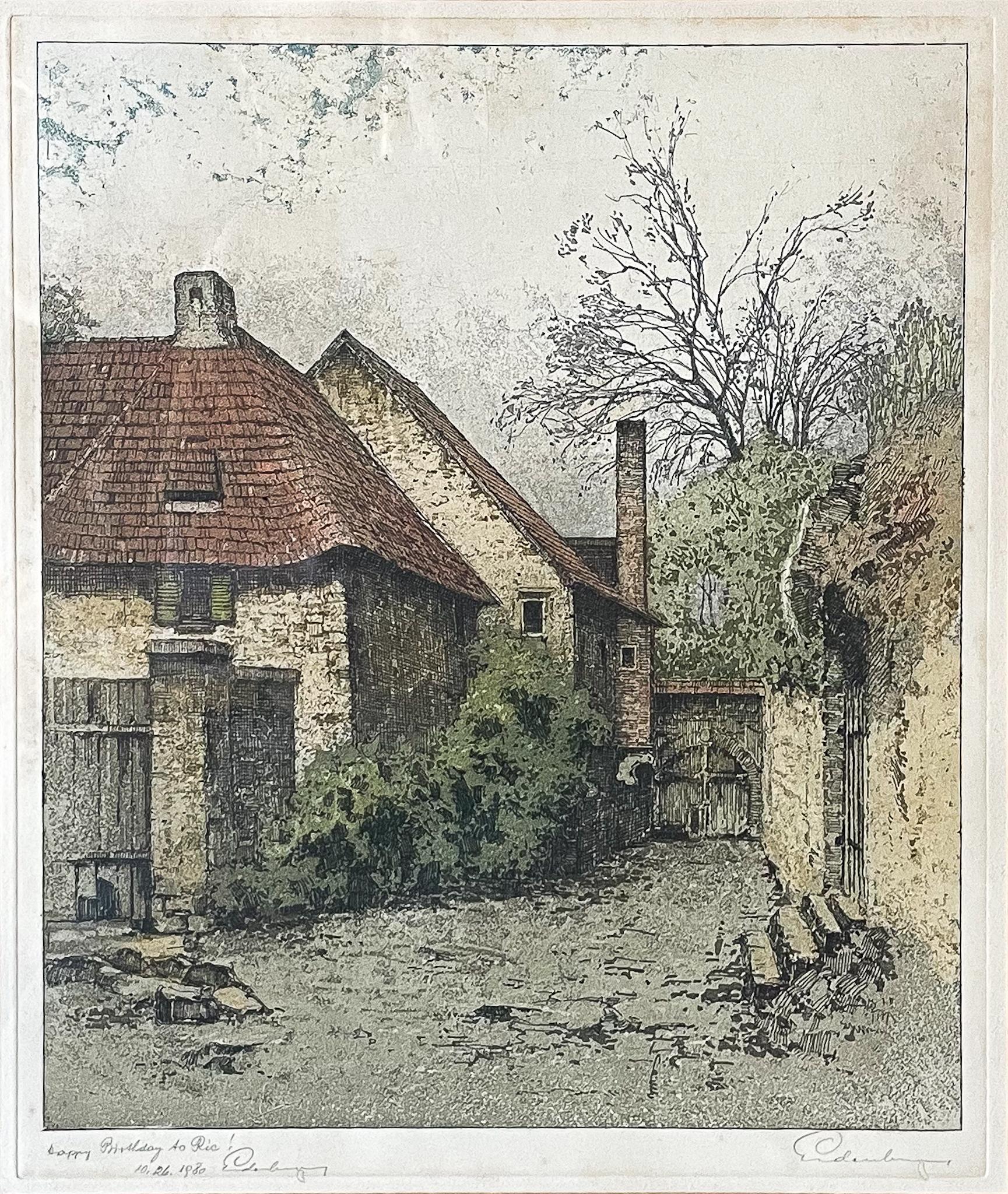 "Casa" Acquaforte a colori su carta di una casa di epoca medievale circondata da alberi