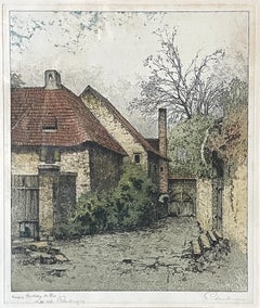"Casa" Acquaforte a colori su carta di una casa di epoca medievale circondata da alberi