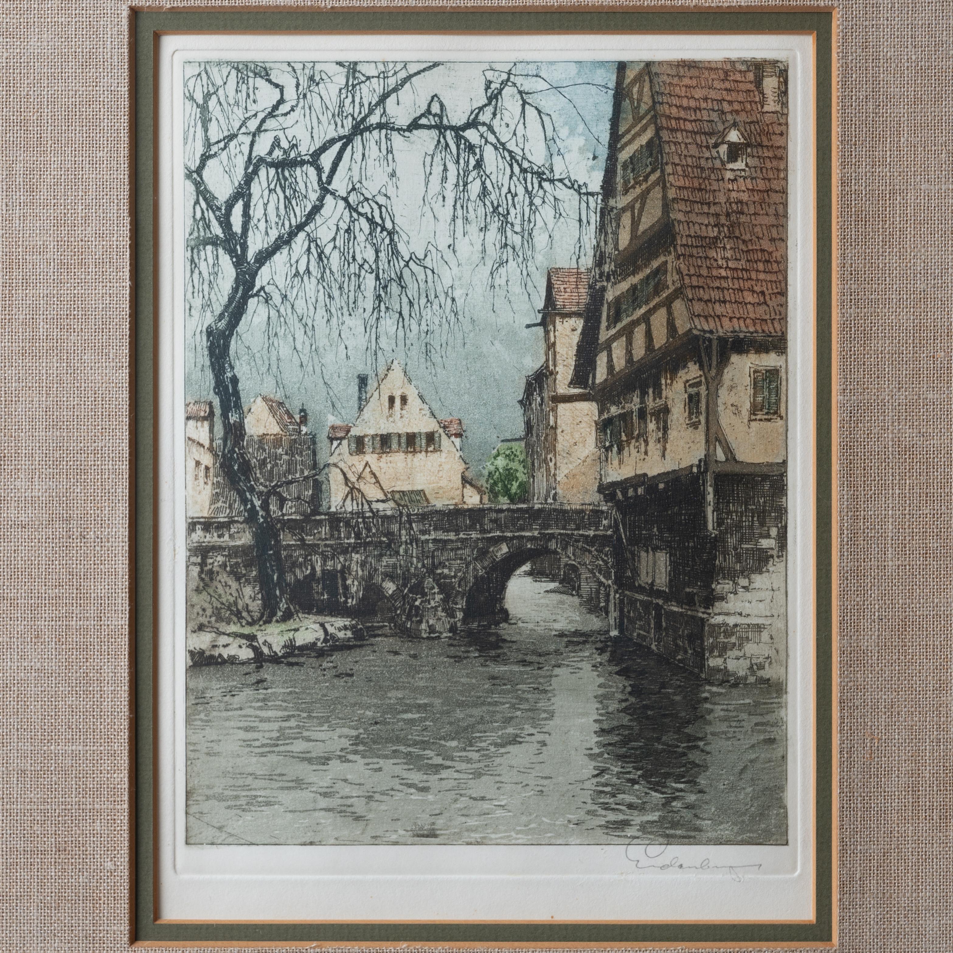 Austrian Josef Eidenberger Ulm on the Blau Etching c.1950 For Sale