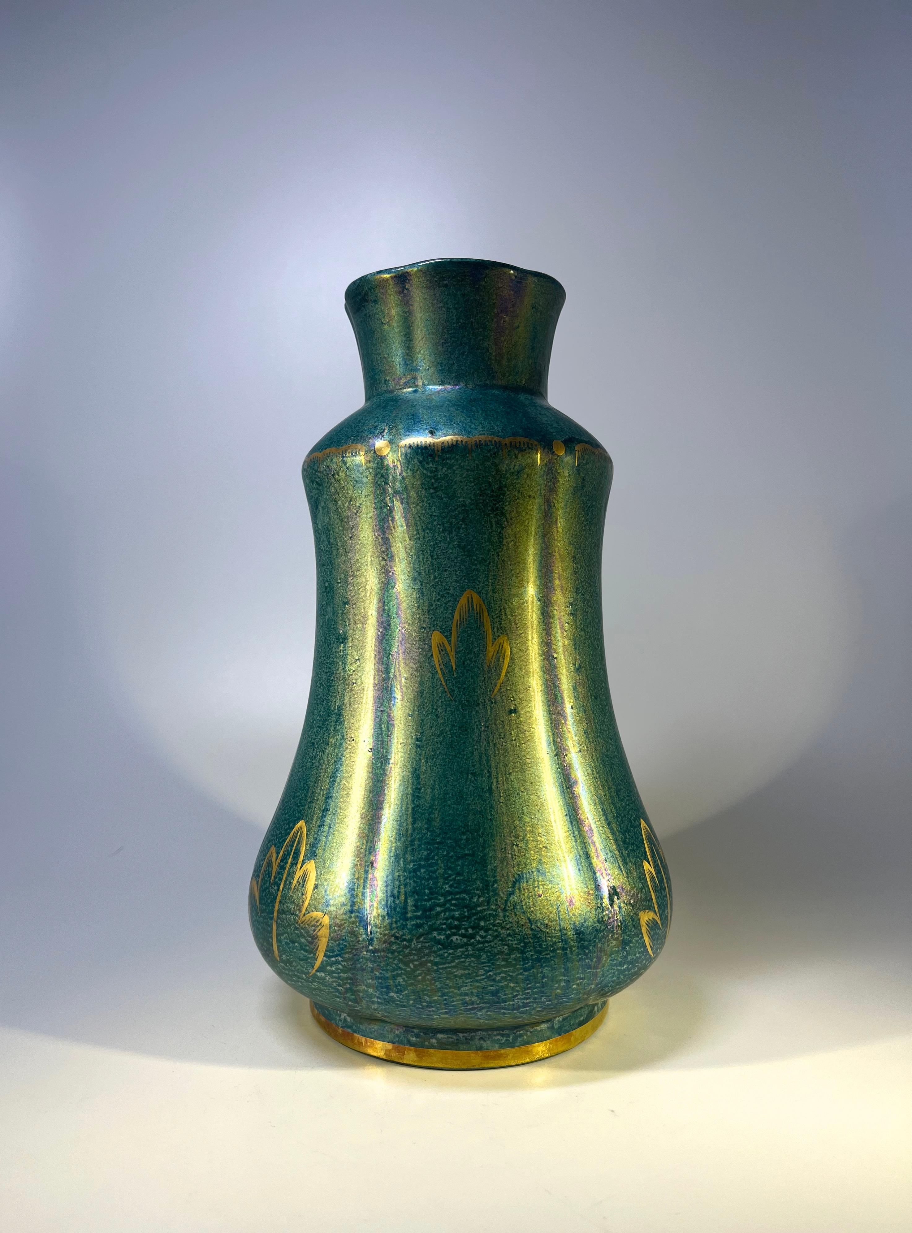 Art Deco Josef Ekberg for Gustavsberg of Sweden, Large Shaped Lustre Vase Gilt Decoration For Sale
