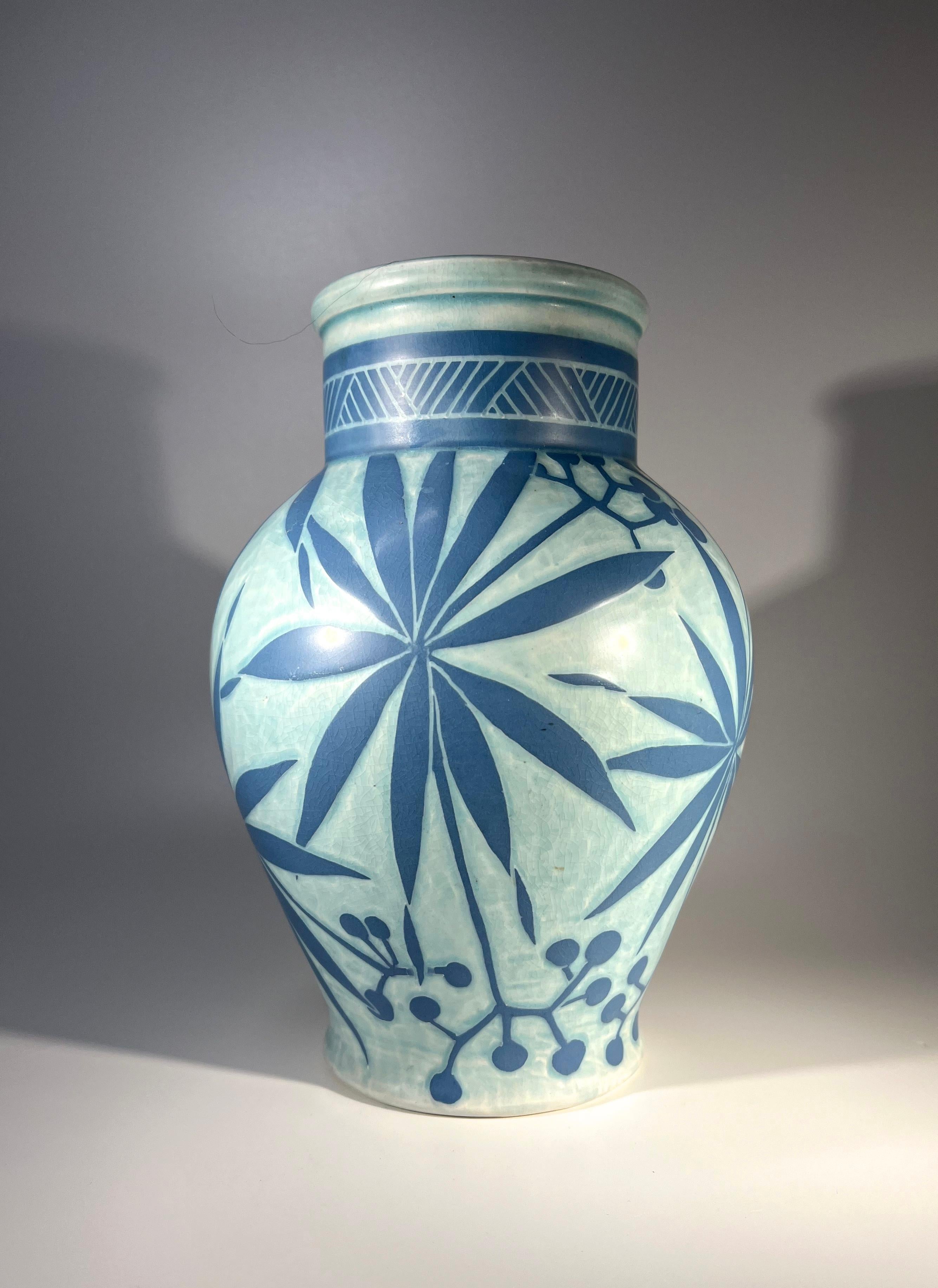 Art Deco Josef Ekberg For Gustavsberg Of Sweden, Stylised Sgraffito Palm Vase c1911 For Sale