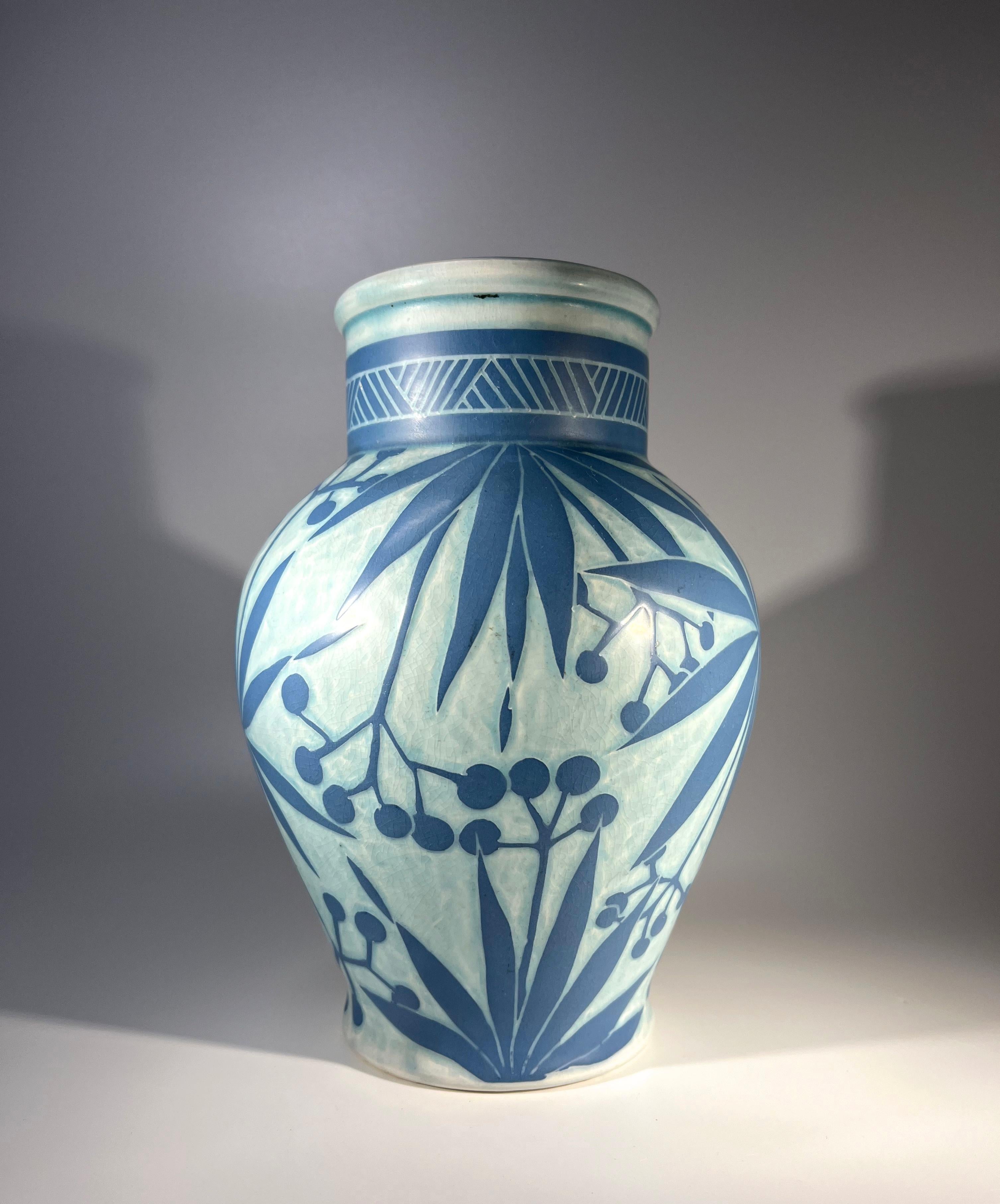 Swedish Josef Ekberg For Gustavsberg Of Sweden, Stylised Sgraffito Palm Vase c1911 For Sale