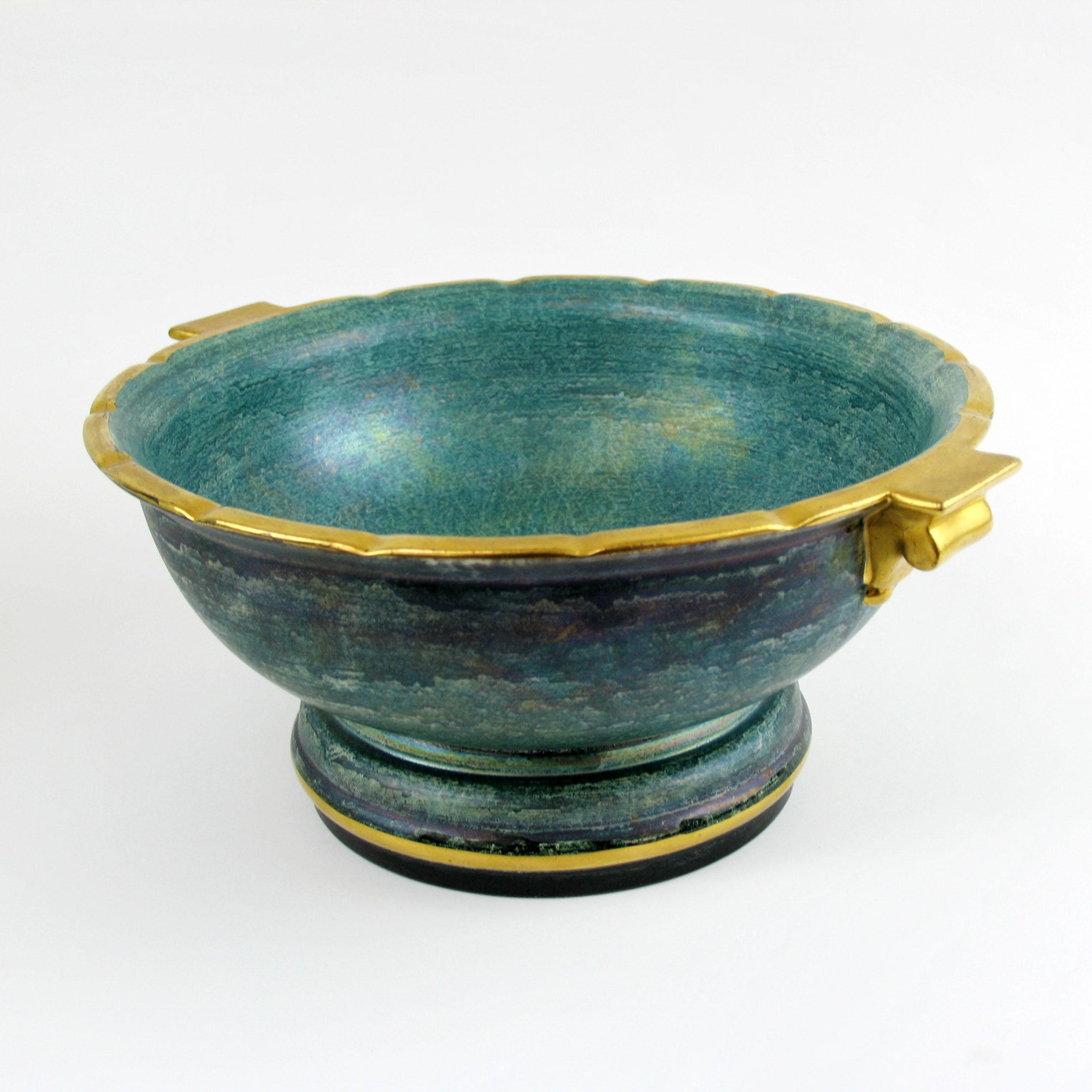 Josef Ekberg Green and Gold Ceramic Footed Bowl, Gustavsberg, Sweden 1930s For Sale 3