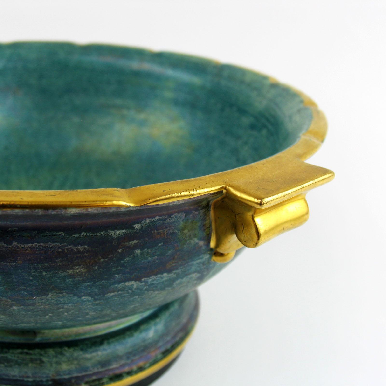 Josef Ekberg Green and Gold Ceramic Footed Bowl, Gustavsberg, Sweden 1930s For Sale 4