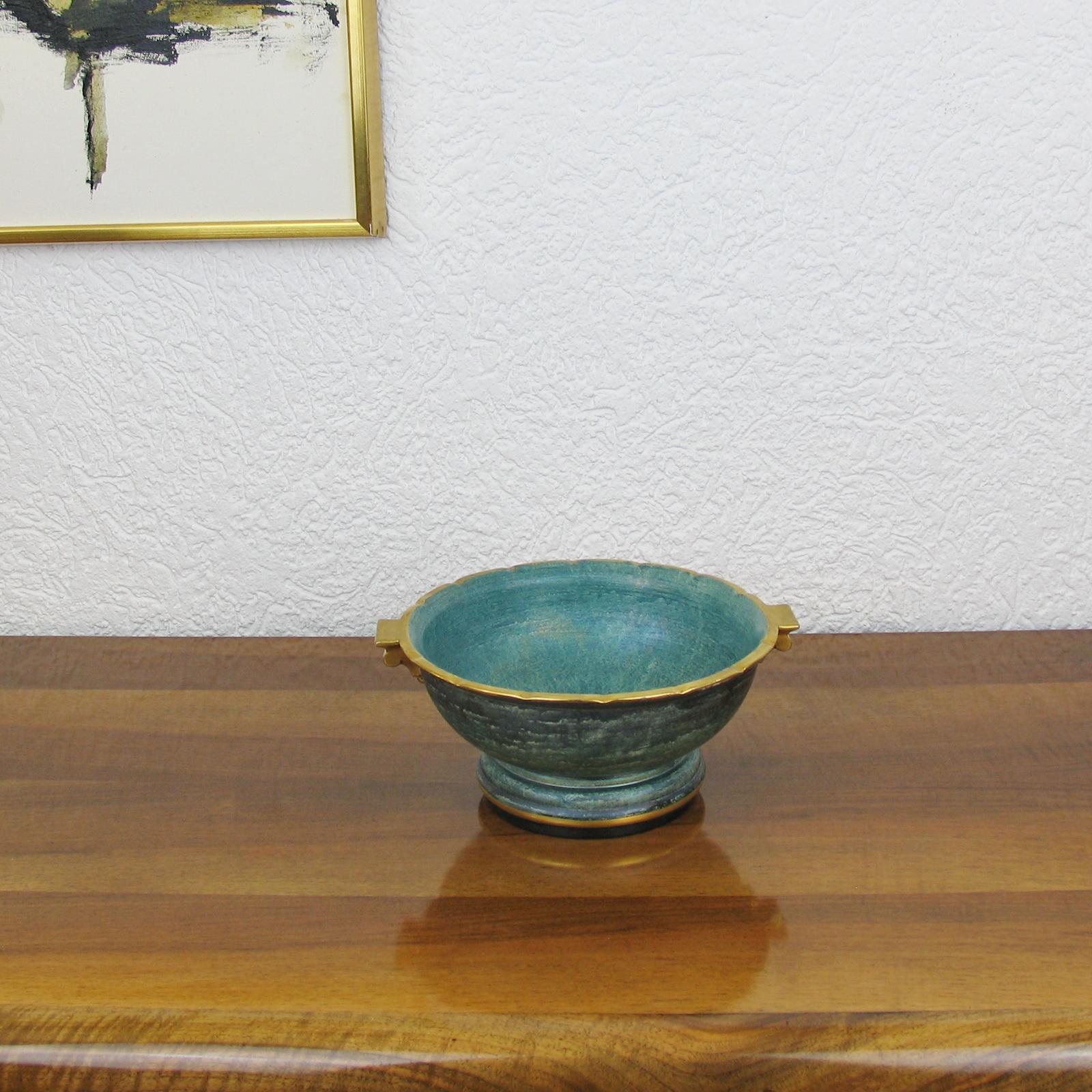 Art Deco Josef Ekberg Green and Gold Ceramic Footed Bowl, Gustavsberg, Sweden 1930s For Sale