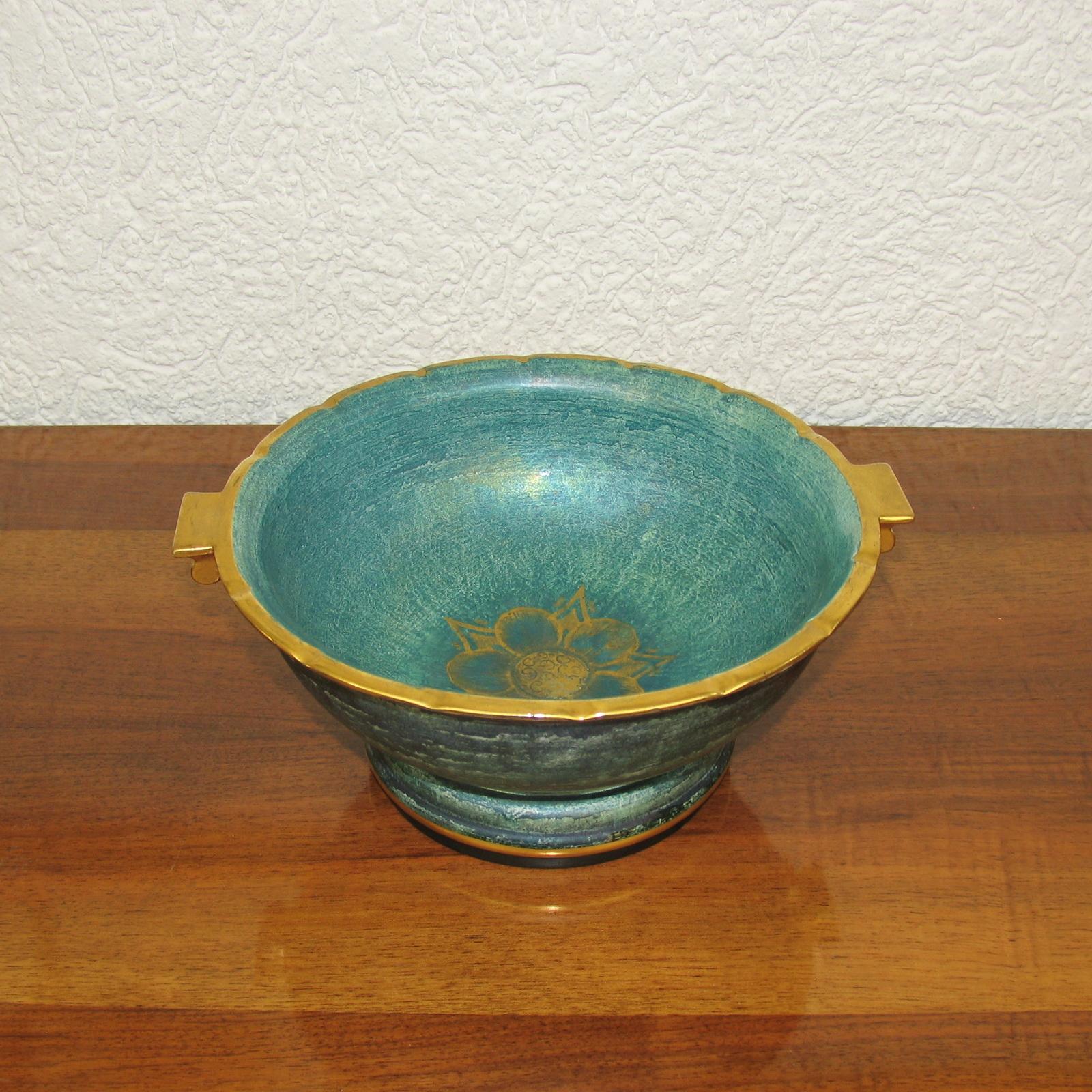 Swedish Josef Ekberg Green and Gold Ceramic Footed Bowl, Gustavsberg, Sweden 1930s For Sale