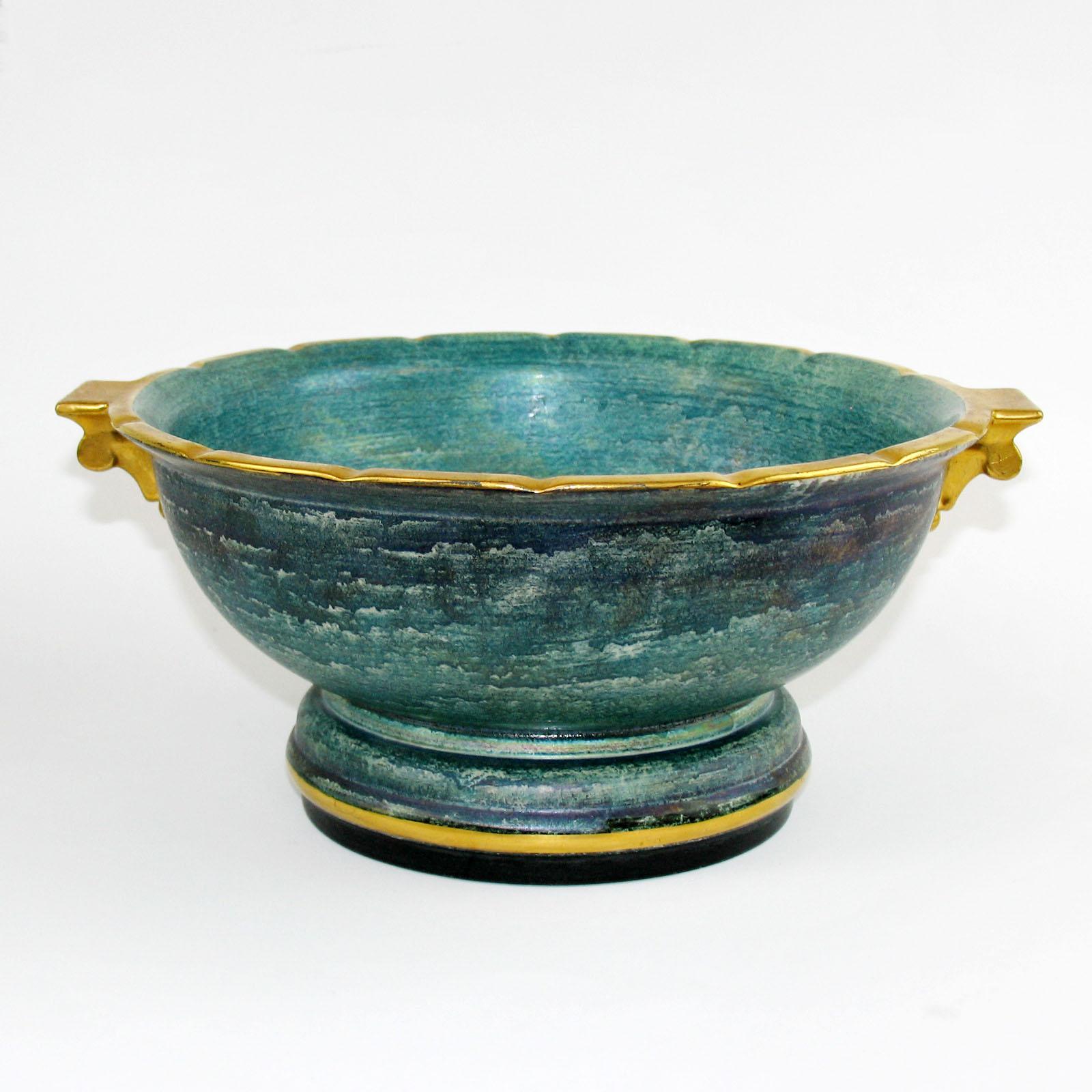Glazed Josef Ekberg Green and Gold Ceramic Footed Bowl, Gustavsberg, Sweden 1930s For Sale