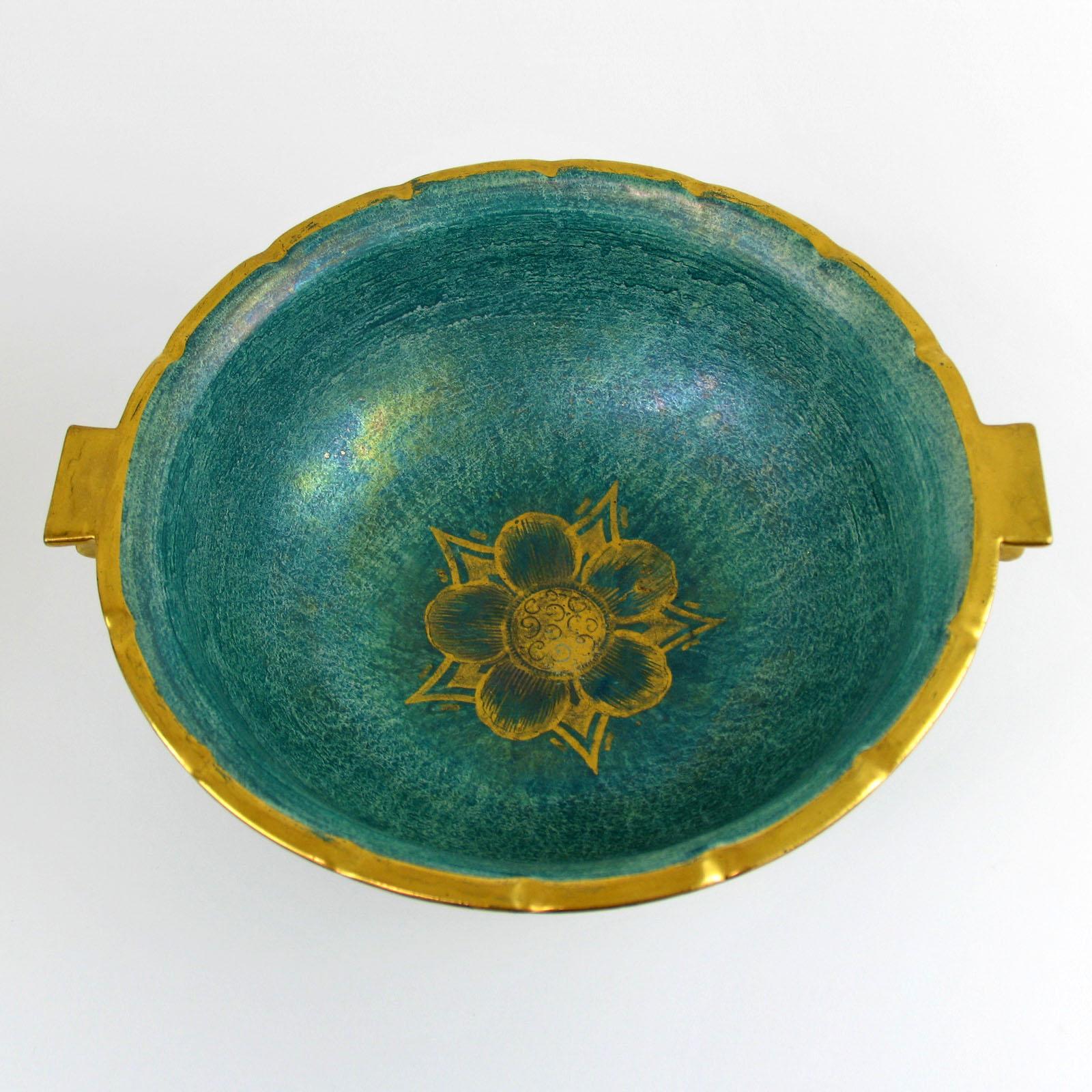 Mid-20th Century Josef Ekberg Green and Gold Ceramic Footed Bowl, Gustavsberg, Sweden 1930s For Sale