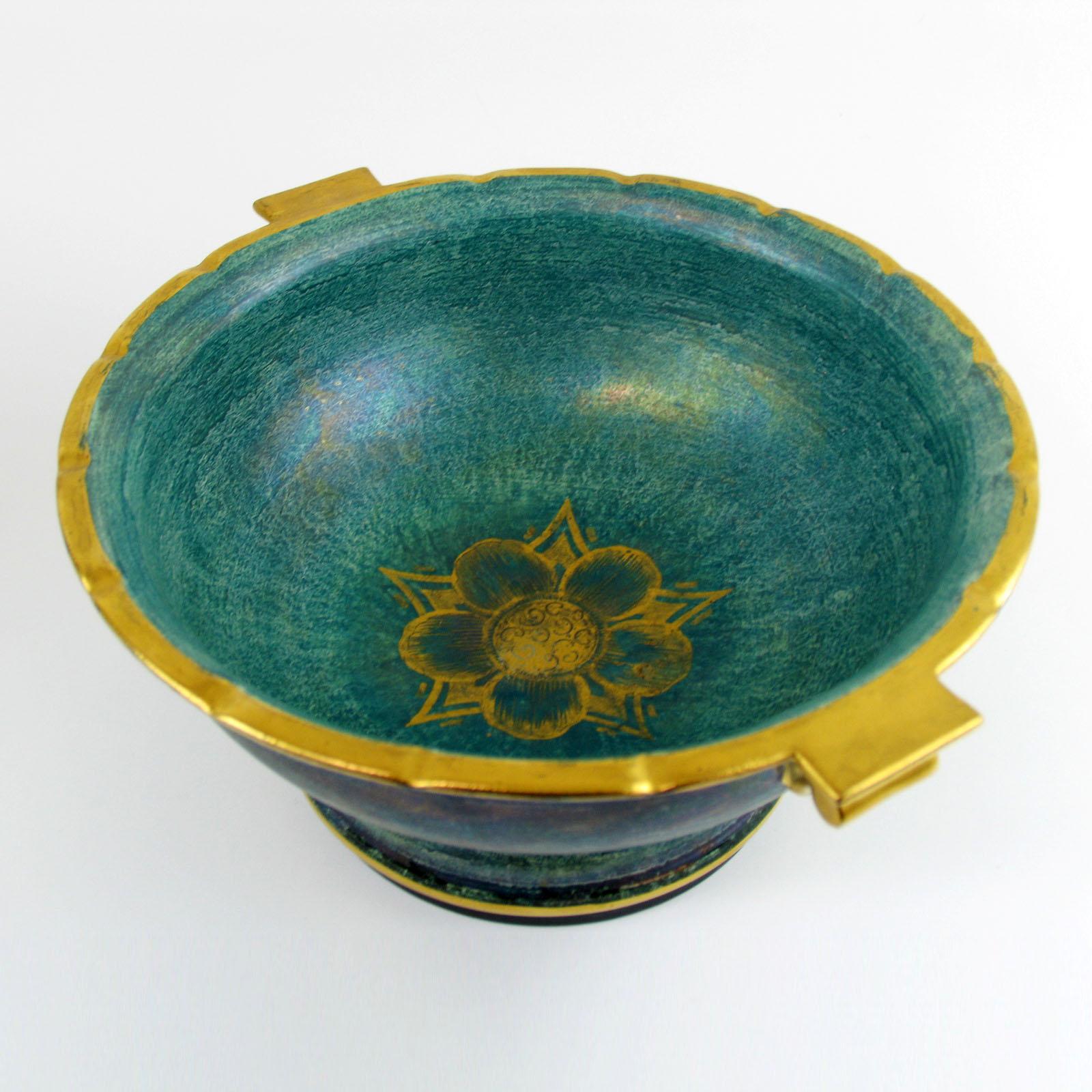 Josef Ekberg Green and Gold Ceramic Footed Bowl, Gustavsberg, Sweden 1930s For Sale 2