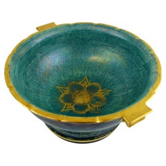 Vintage Josef Ekberg Green and Gold Ceramic Footed Bowl, Gustavsberg, Sweden 1930s