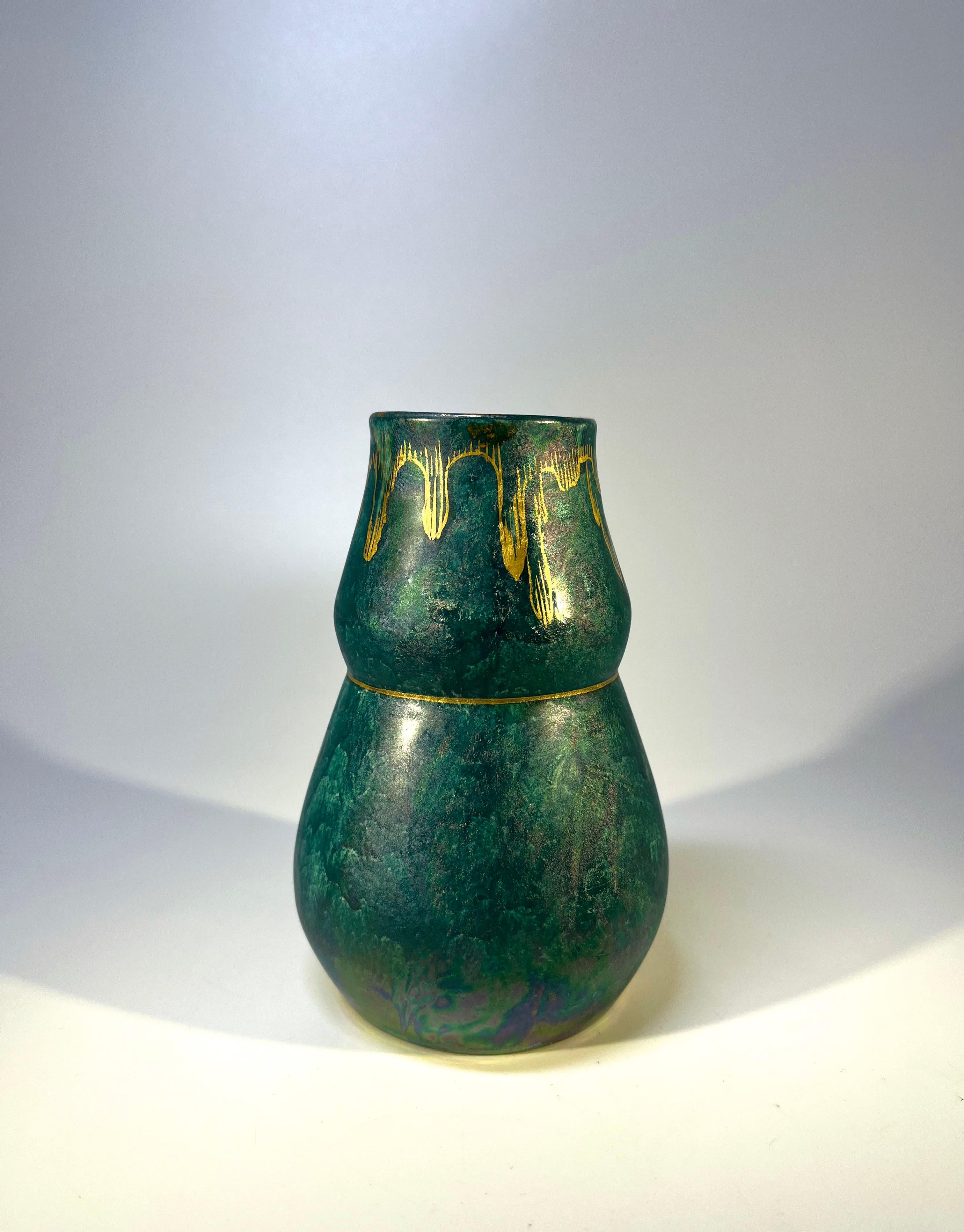 Art Deco Josef Ekberg, Gustavsberg Of Sweden, Shaped Lustre Vase With Hand Applied Gilt  For Sale