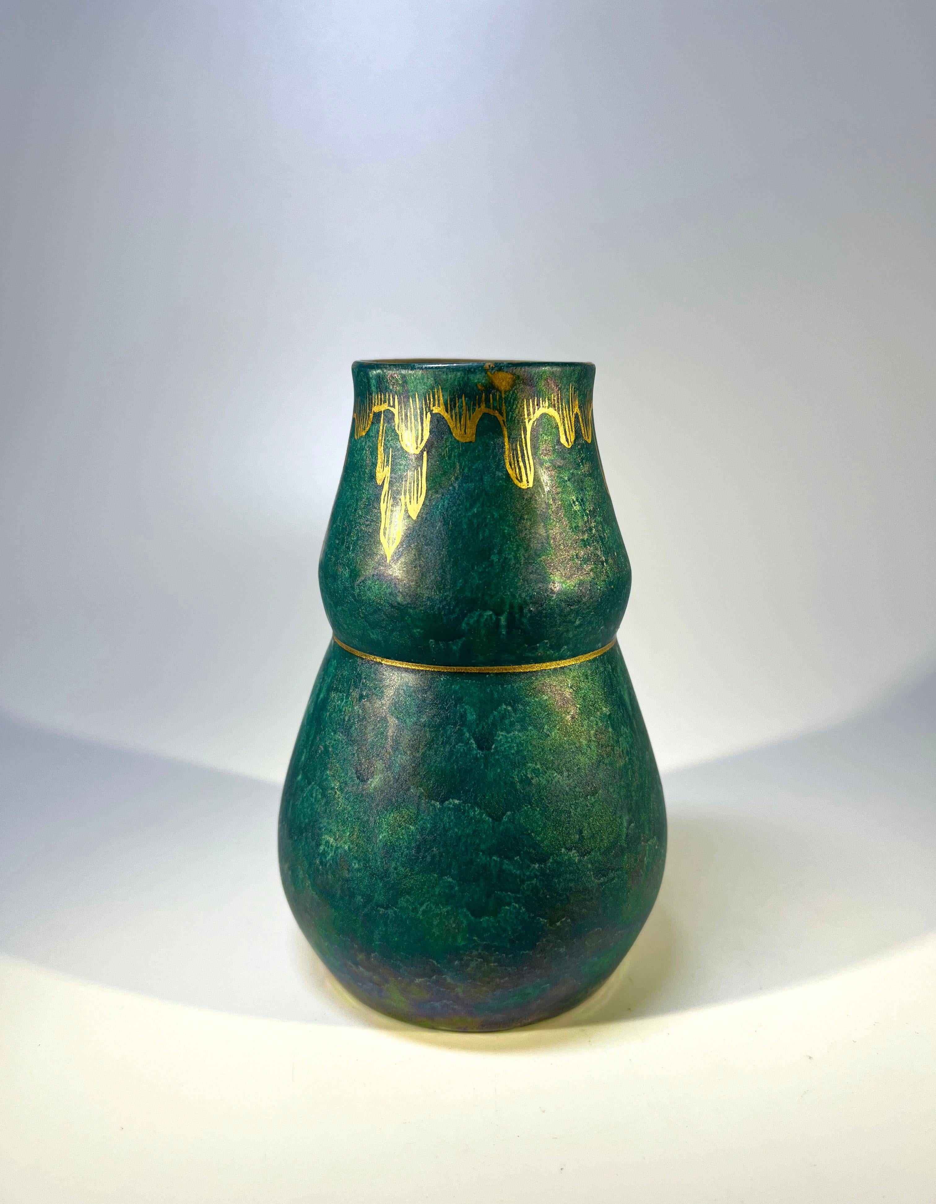 Swedish Josef Ekberg, Gustavsberg Of Sweden, Shaped Lustre Vase With Hand Applied Gilt  For Sale