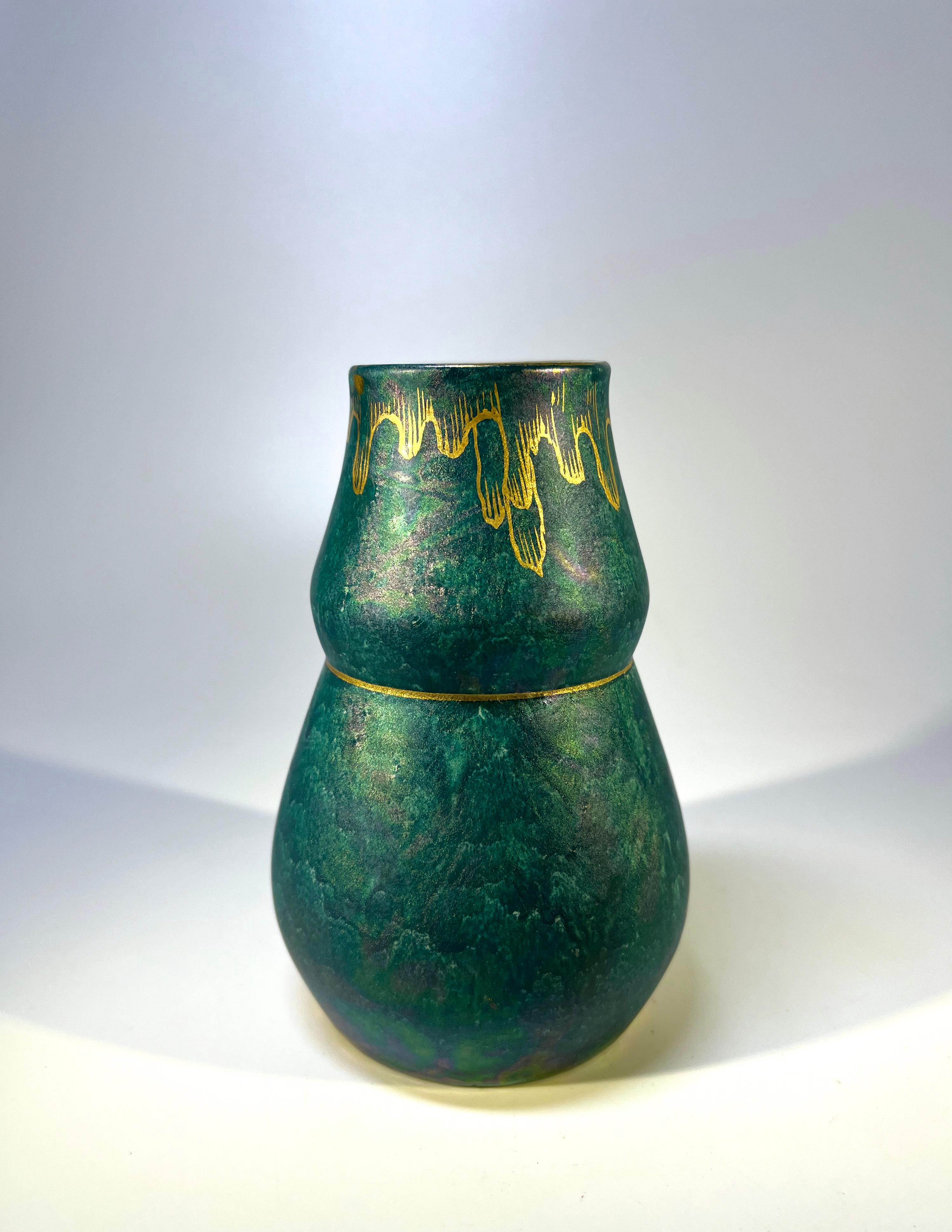Glazed Josef Ekberg, Gustavsberg Of Sweden, Shaped Lustre Vase With Hand Applied Gilt  For Sale
