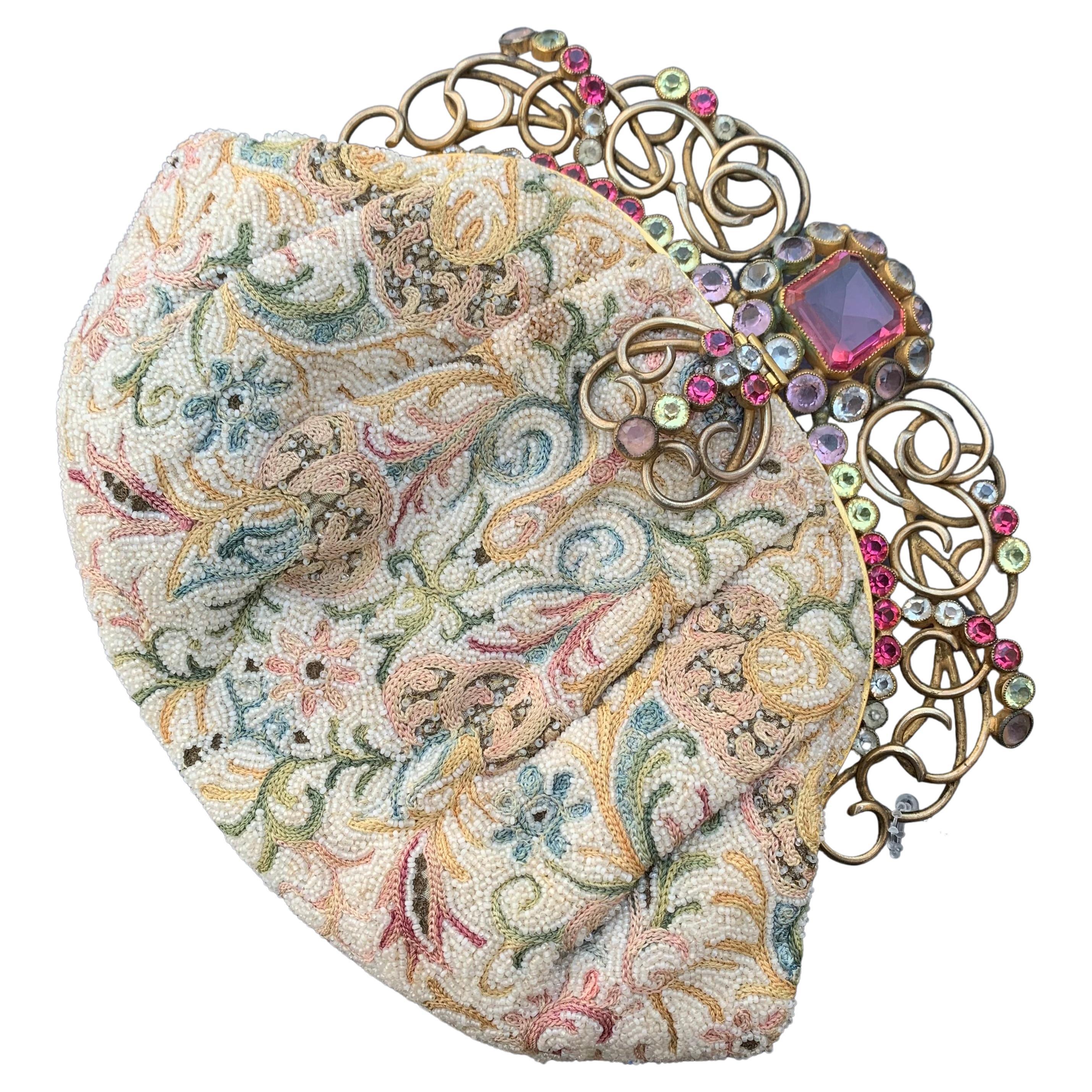 Josef Embroidery Hand Beaded Purse Handbag Jeweled Frame USA For Sale