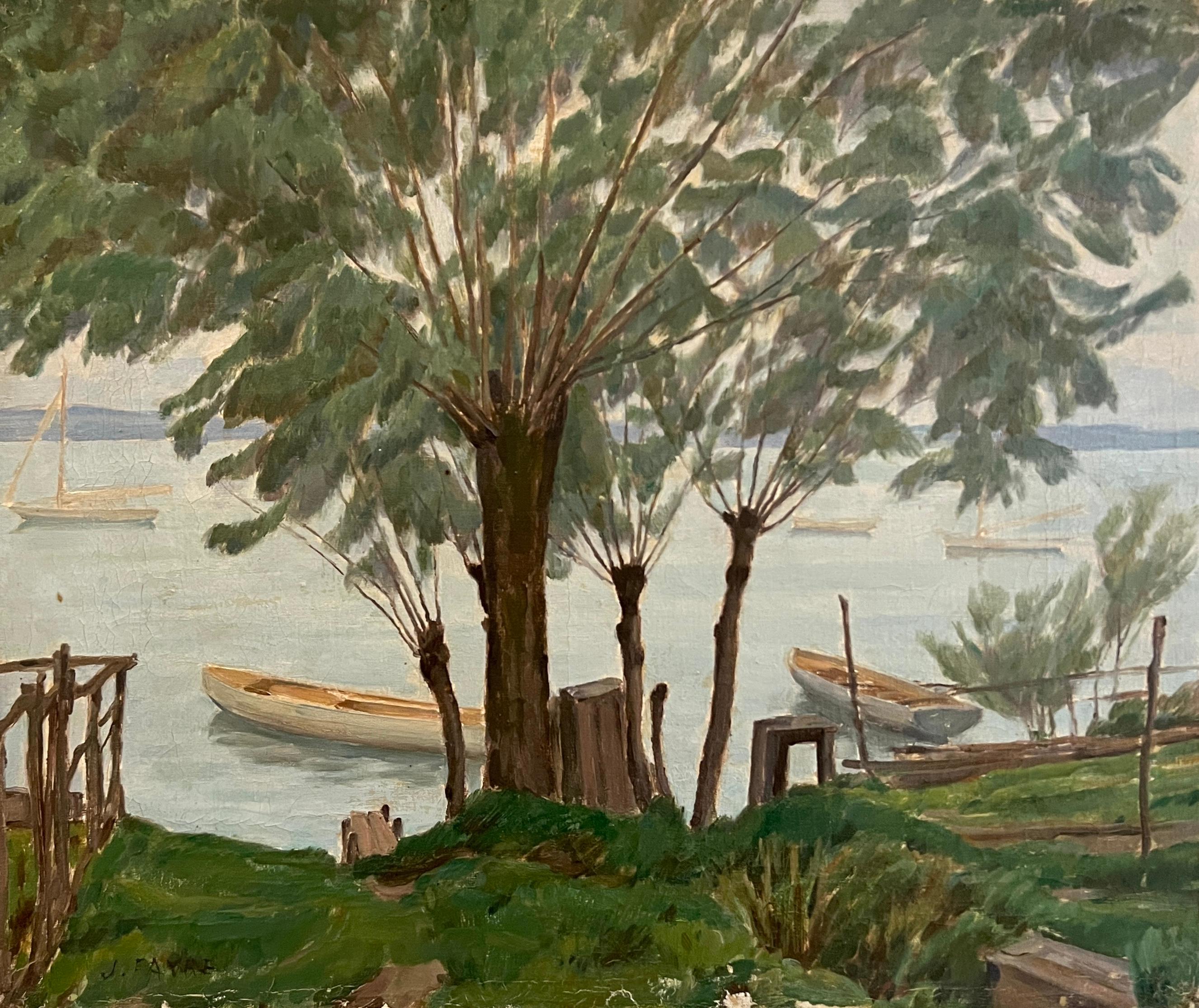 Josef Favre Landscape Painting - Edge of Lake Geneva and View of the Jura