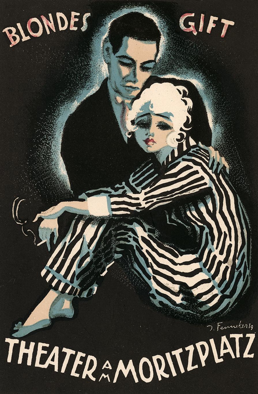 Lithographie de l'affiche expressionniste de Josef Fenneker pour le film muet de 1919 Blonde's Gift ("Poison Blonde", en référence aux cheveux blonds platine teints au peroxyde), qui suit la femme fatale Loni et la dissolution des hommes qui