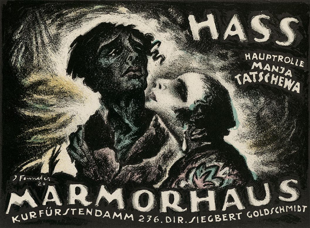 Originallithografie des Plakatentwurfs des deutschen Expressionisten Josef Fenneker für den Stummfilm Hass von 1920 unter der Regie von Manfred Noa.

Josef Fenneker war der bedeutendste Filmplakatkünstler im Weimarer Berlin und der Hauskünstler des